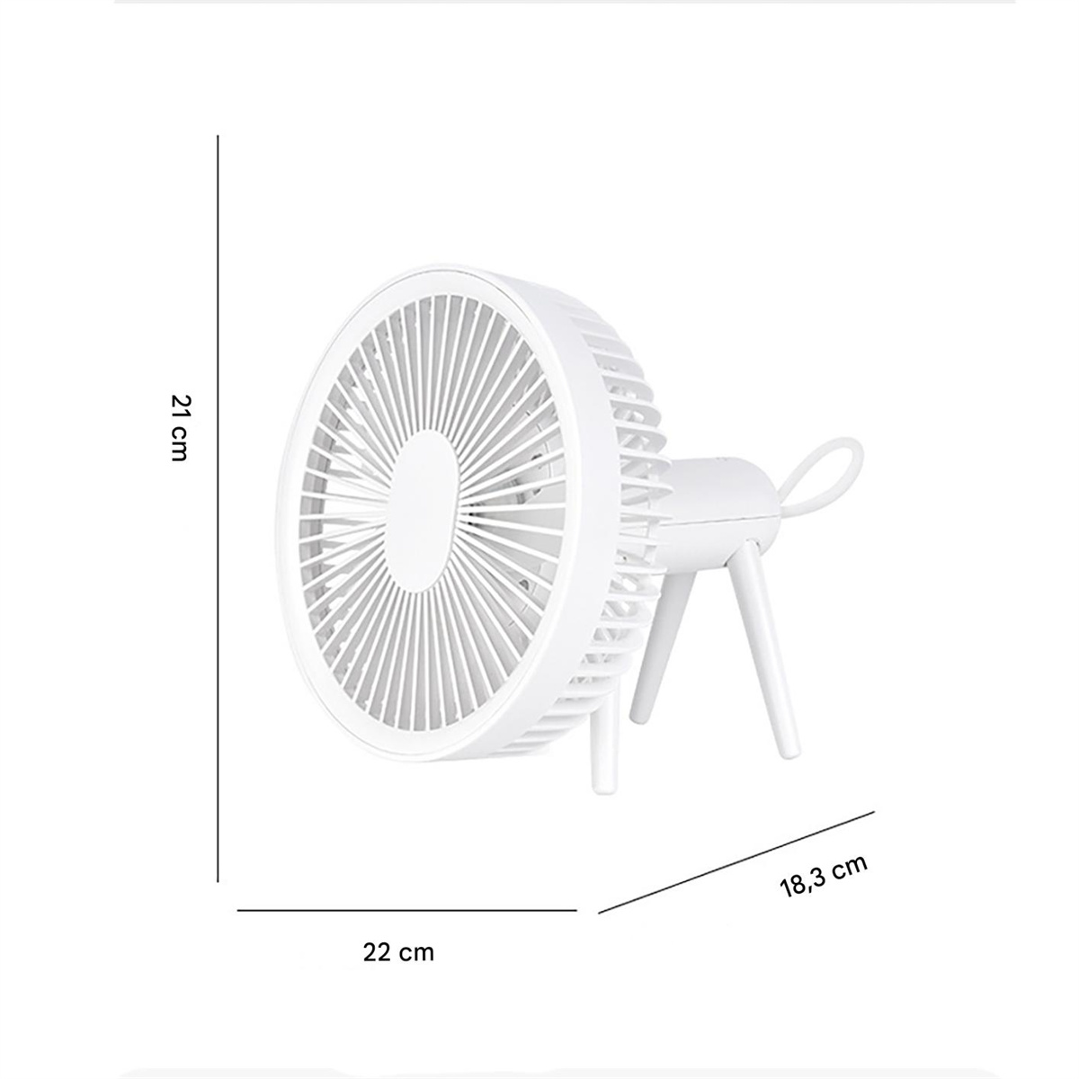 Ein weißer, runder Ventilator mit Maßangaben in Zentimetern. Der Ventilator hat drei Beine und einen Griff.