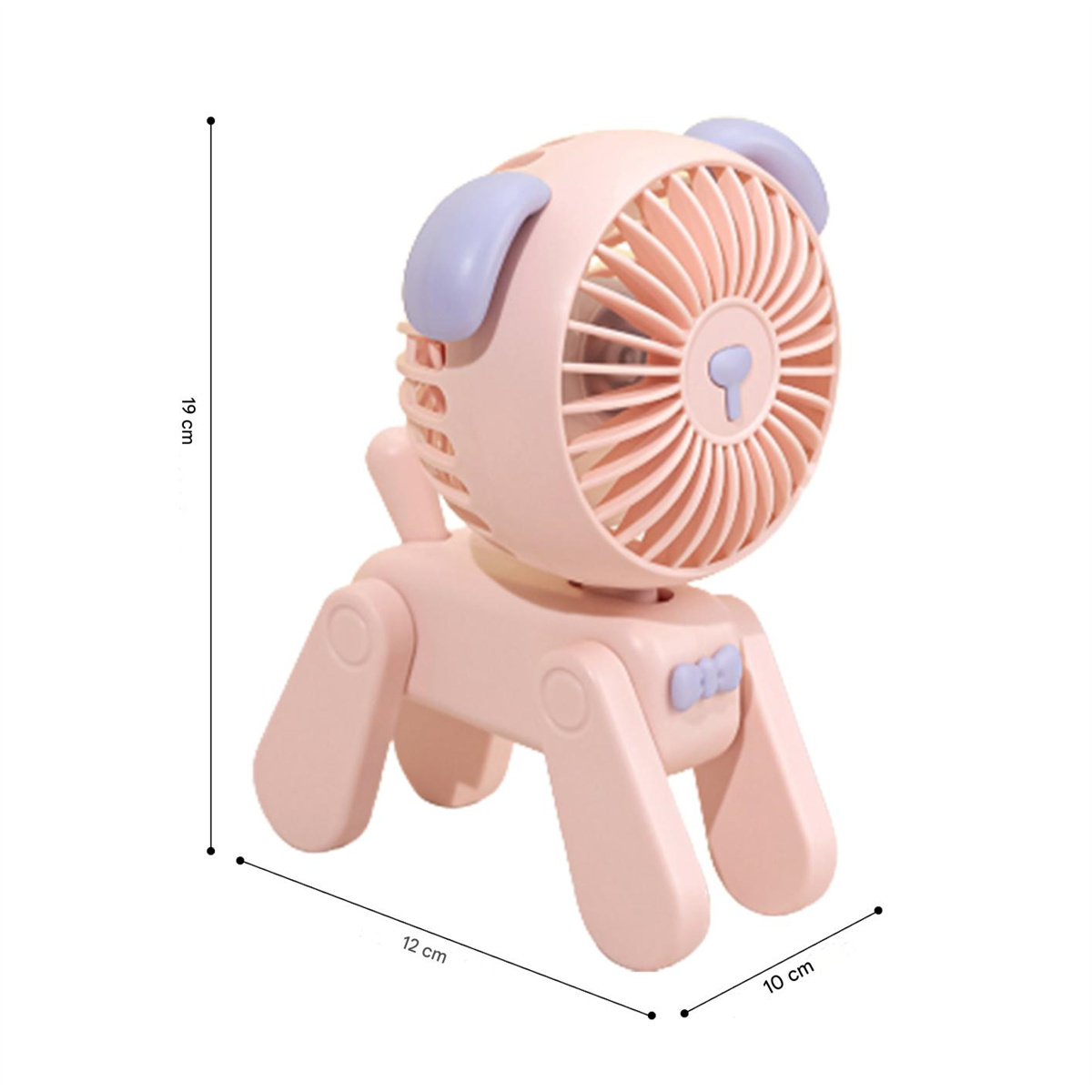 Rosa mini-Ventilator in Hundeform mit Ventilator und Maßangaben. Hellviolette Ohren und eine Fliege.