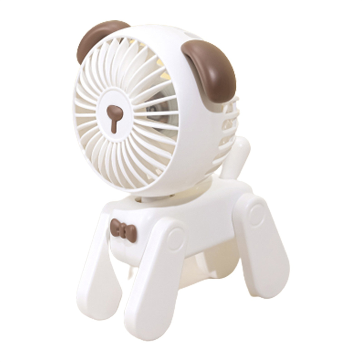Ein weißer hundeförmiger Ventilator mit braunen Ohren und einer Fliege. Er hat einen drehenden Ventilator.