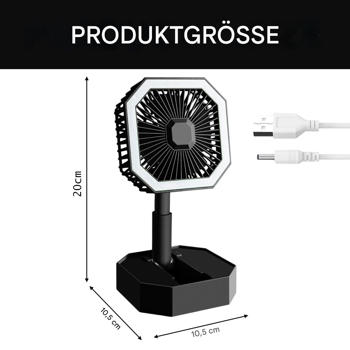 Schwarz-weißer tragbarer Ventilator mit Abmessungen und Netzkabel.