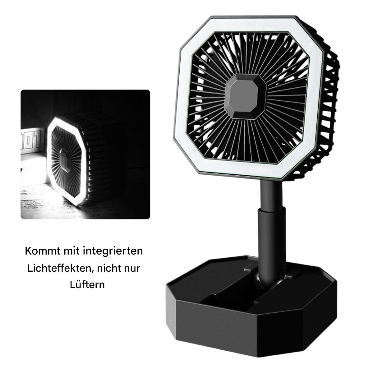Schwarz-weißer Ventilator mit Lichtring, zwei Ansichten, mit Text.