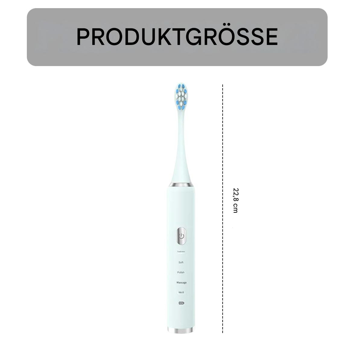 Eine elektrische Zahnbürste mit blau-weißem Bürstenkopf und einem Knopf. Ein Etikett lautet 'Produktgrösse'.