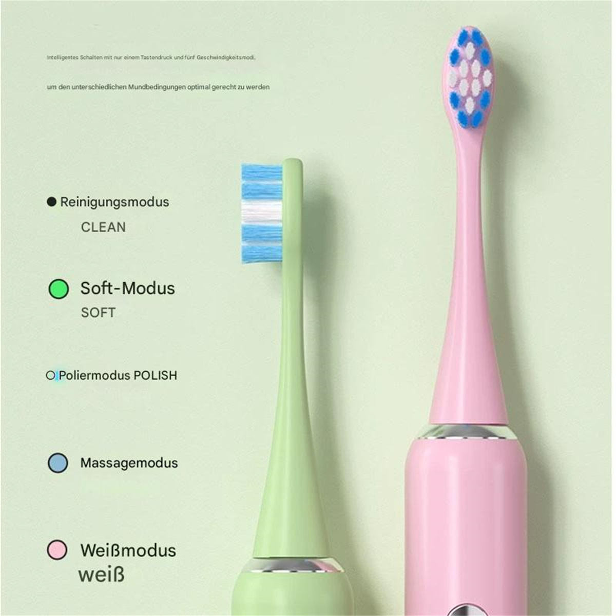 Zwei elektrische Zahnbürsten mit verschiedenen Farben und Optionen: Clean, Soft, Polish, Massage und White.