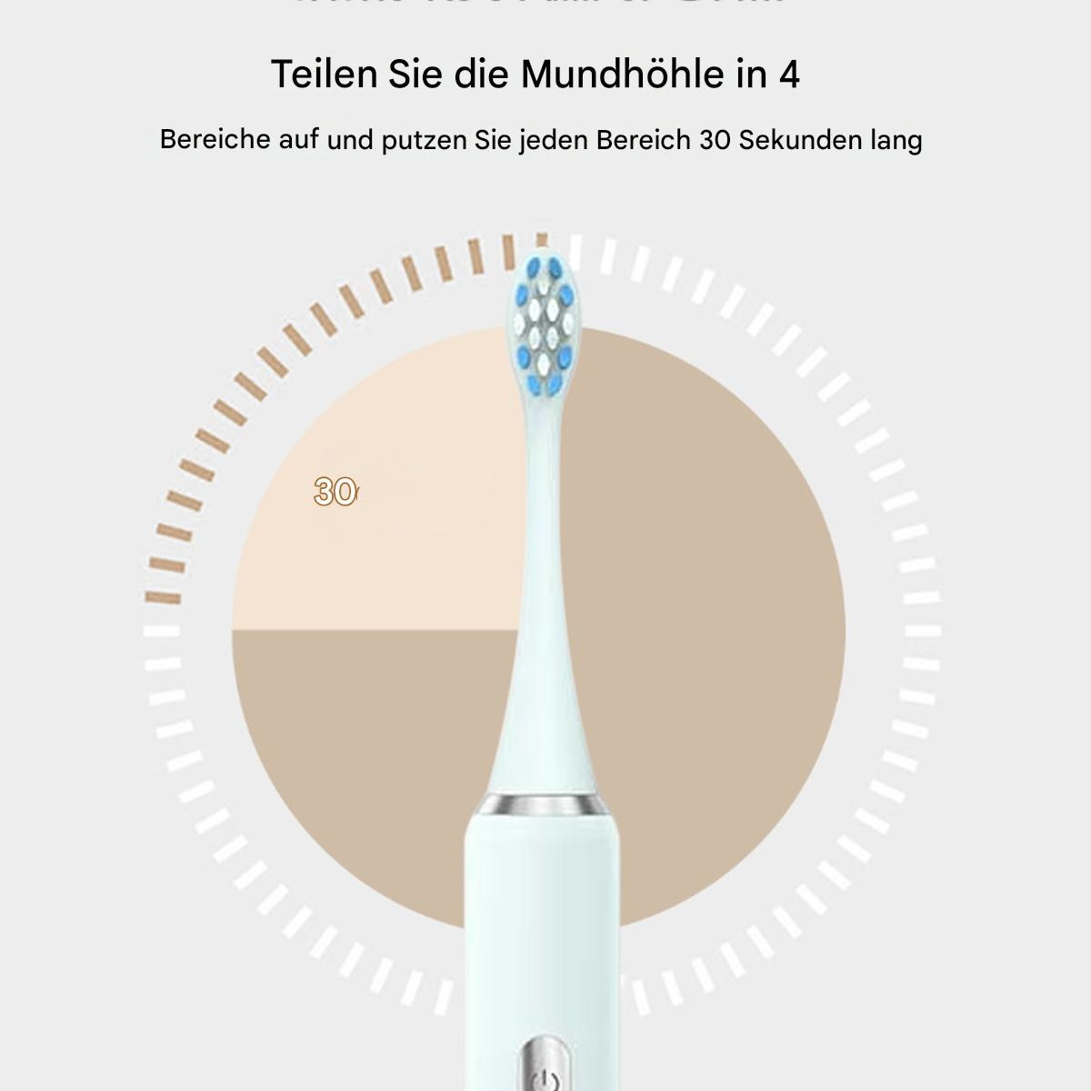 Elektrische Zahnbürste, Nahaufnahme des Bürstenkopfes. Blaue Borsten, weißer Griff. Anweisungen.