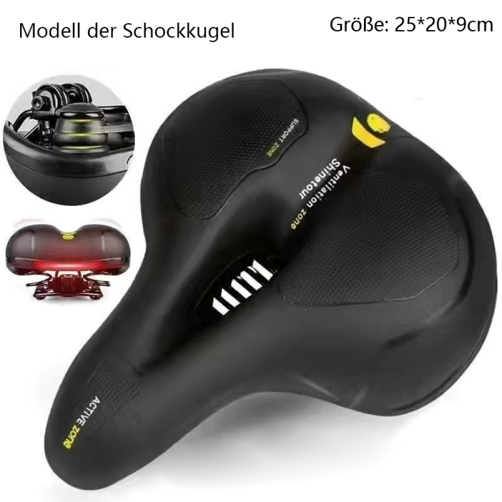 Schwarzer Fahrradsattel mit roten Akzenten und einer Stützzone. Diagramm zeigt das Modell und die Abmessungen.