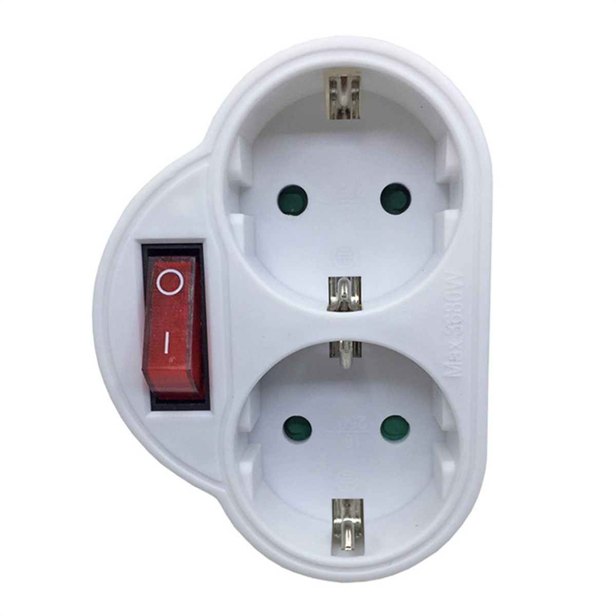 Ein weißer, zweiadriger Netzadapter mit rotem Ein-/Ausschalter, isoliert auf weißem Hintergrund.