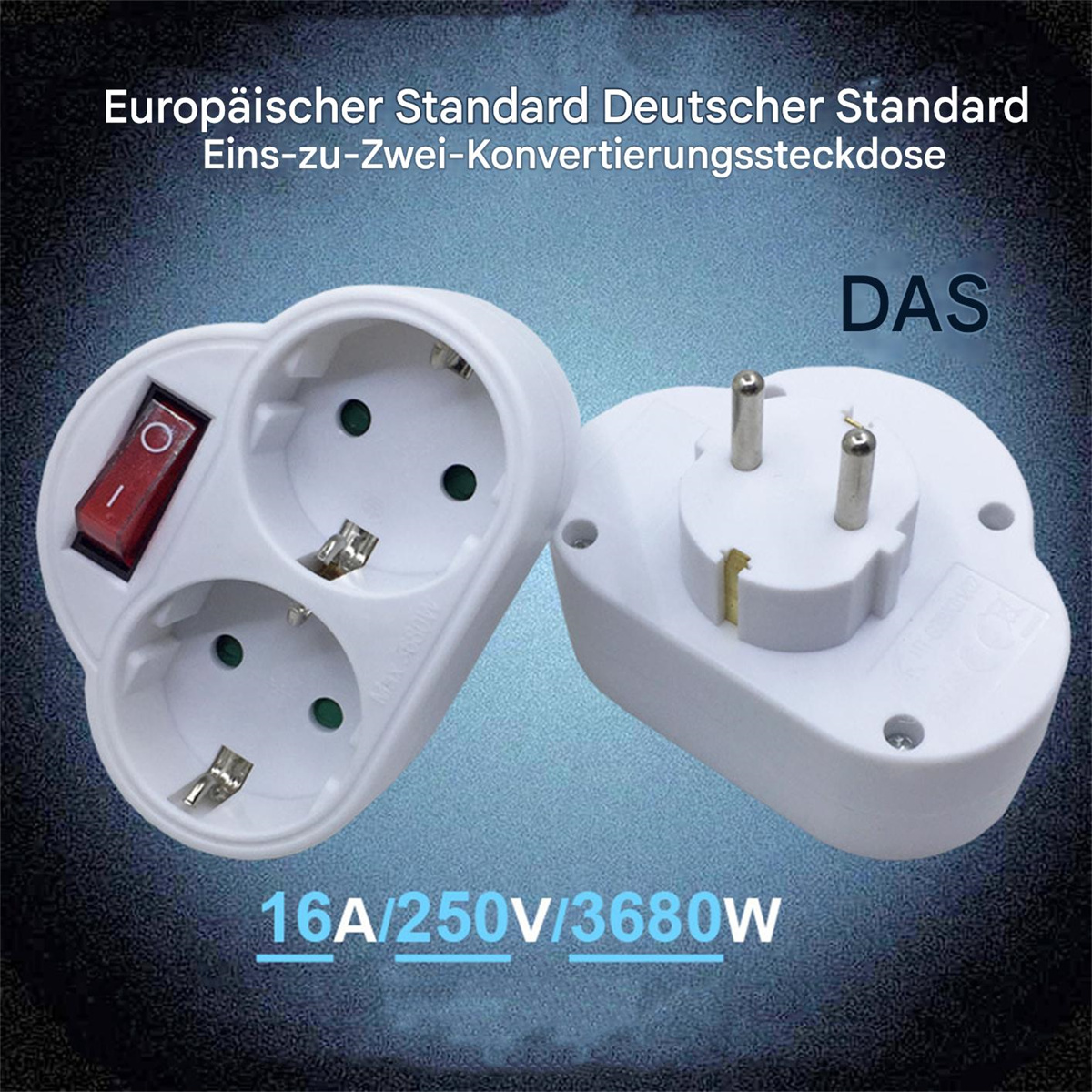 Weißer Adapter mit zwei Steckern und Schalter auf blauem und schwarzem Grund.