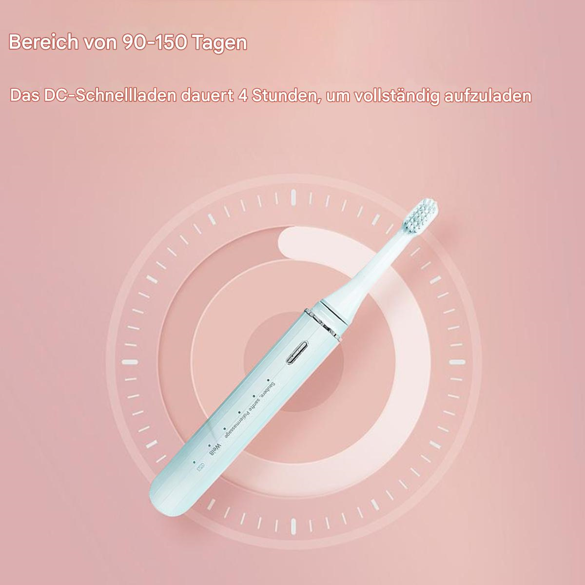 Elektrische Zahnbürste auf pinkfarbenem Hintergrund. Text zur Ladezeit ist sichtbar.