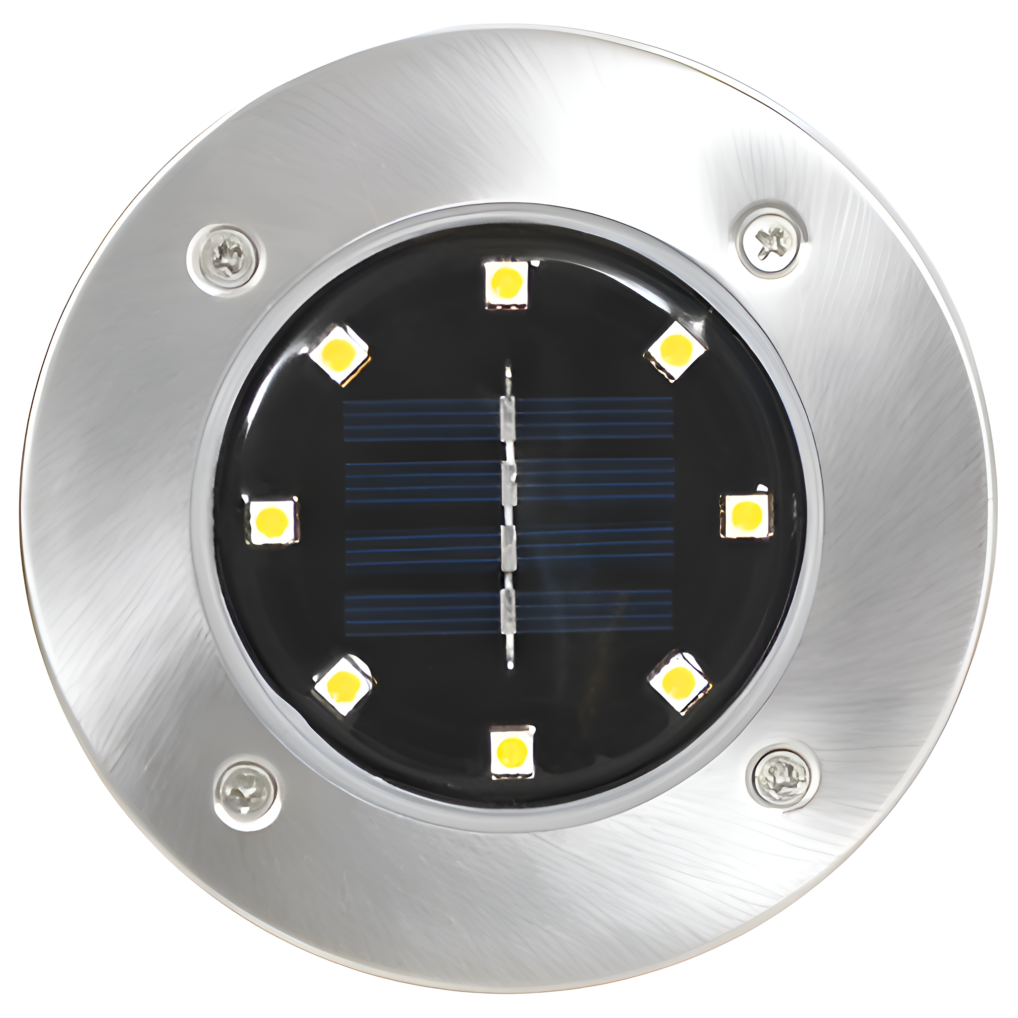 Eine runde, silberne LED-Leuchte mit schwarzem Zentrum und acht gelben Lichtern um ein Solarpanel.