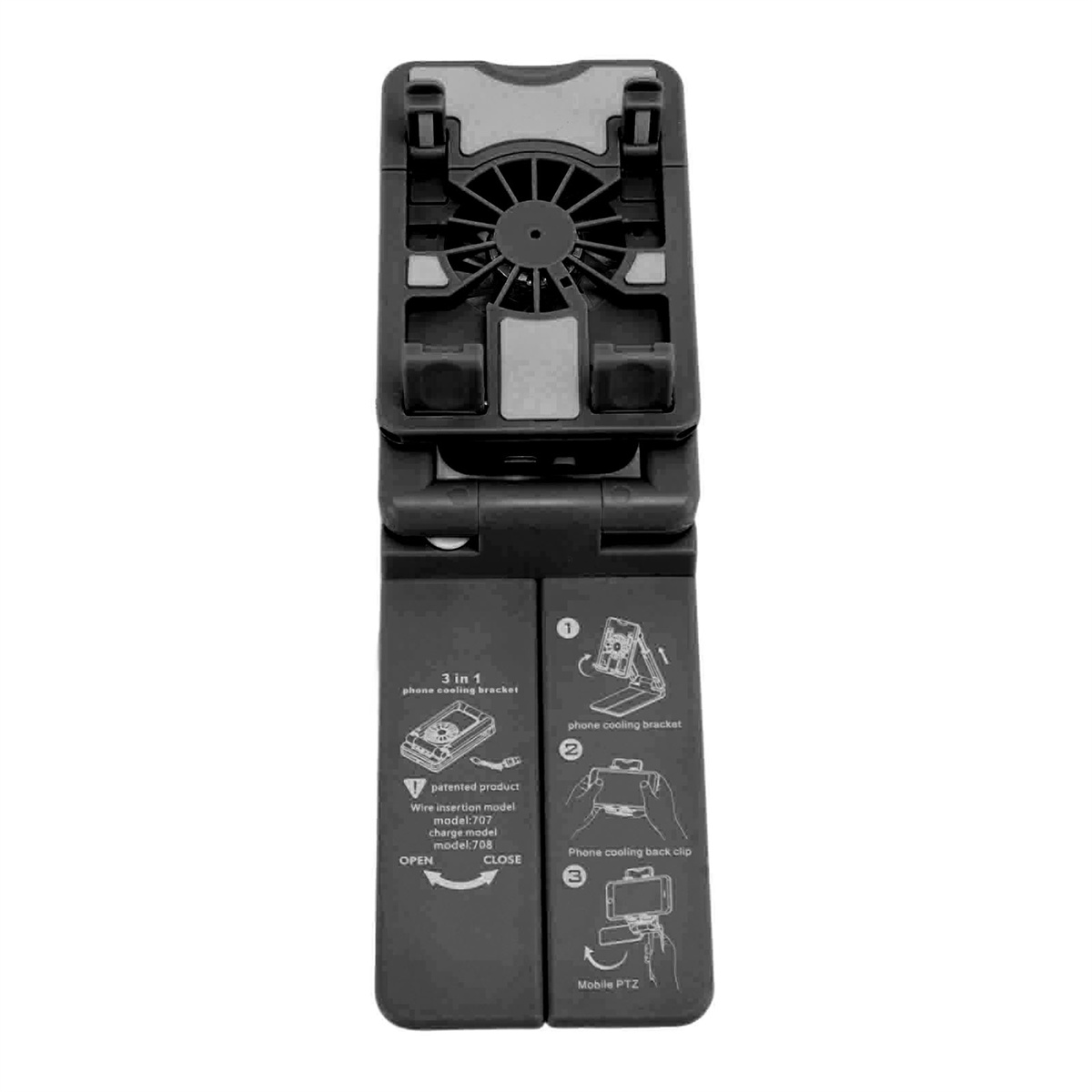 Schwarze 3-in-1-Telefon-Kühlhalterung. Gebrauchsanweisungen sind auf den Klapptafeln sichtbar.