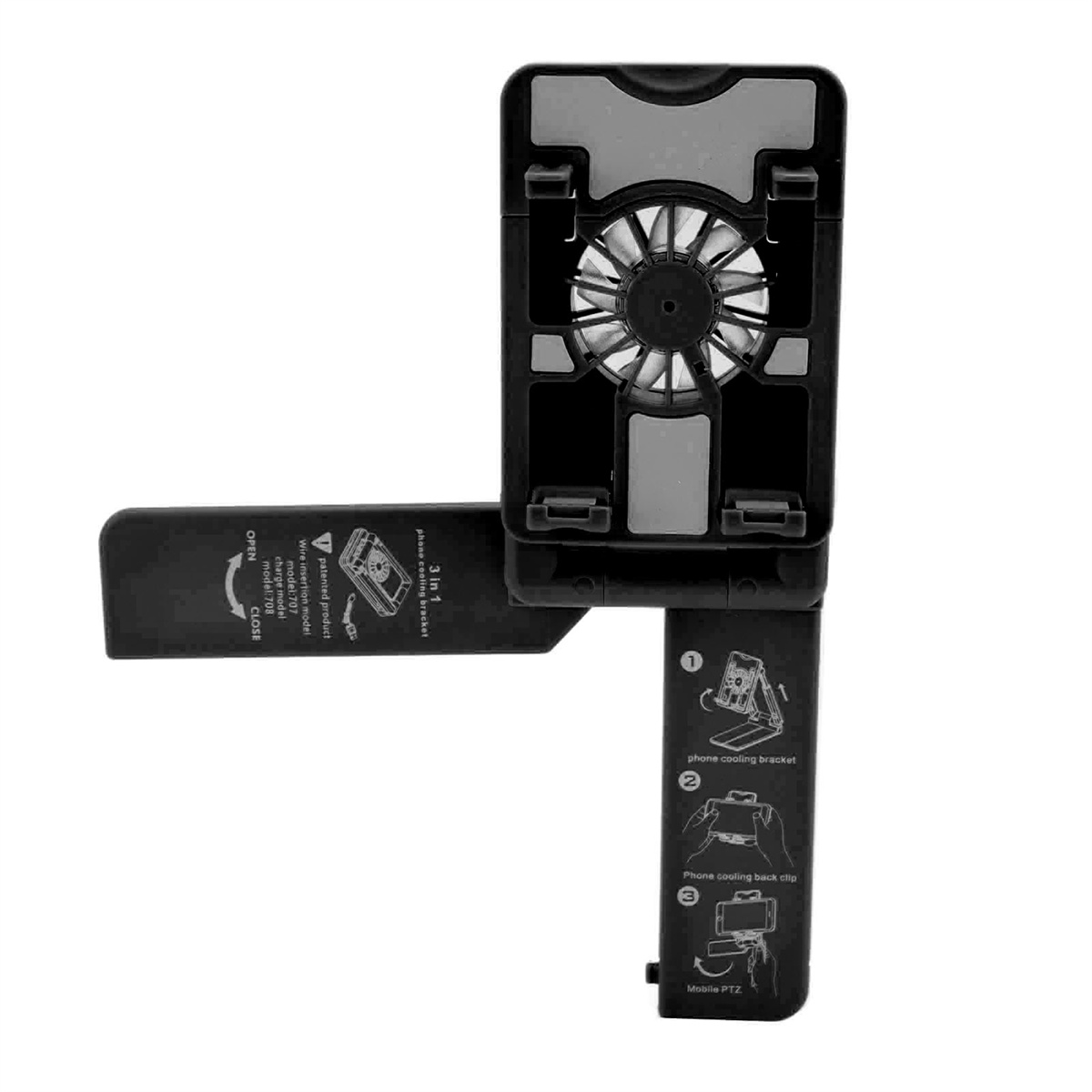 Schwarze Telefon-Kühlhalterung mit einem Lüfter. Sie hat ein faltbares Design und Textanweisungen.