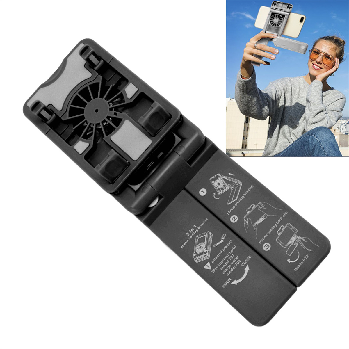 Schwarze Telefonkühlhalterung und Selfie-Stick mit einer Frau, die ein Selfie mit einem Telefon macht.
