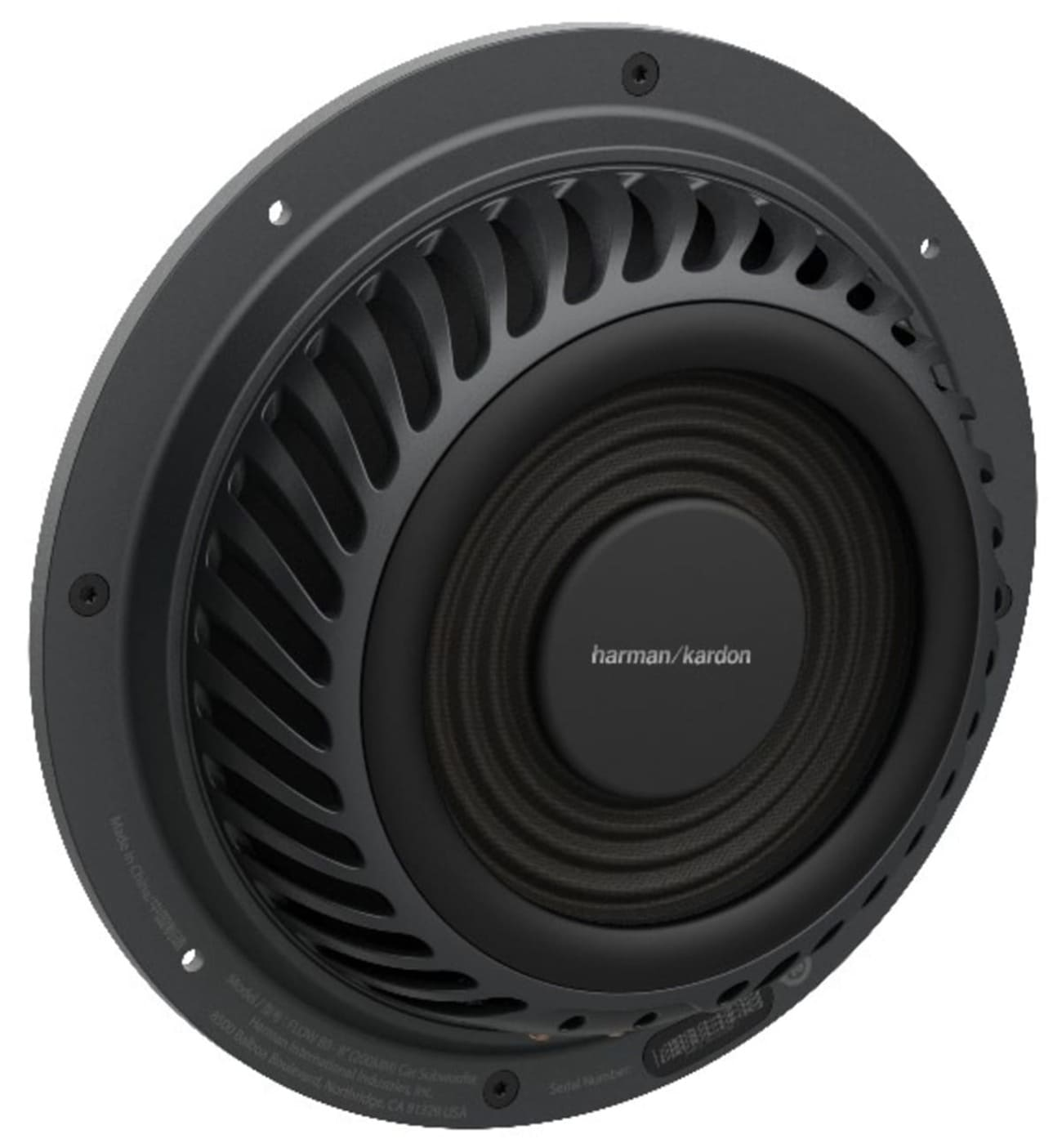Schwarzer Harman Kardon Subwoofer mit rundem Design und Mesh-Gitter.