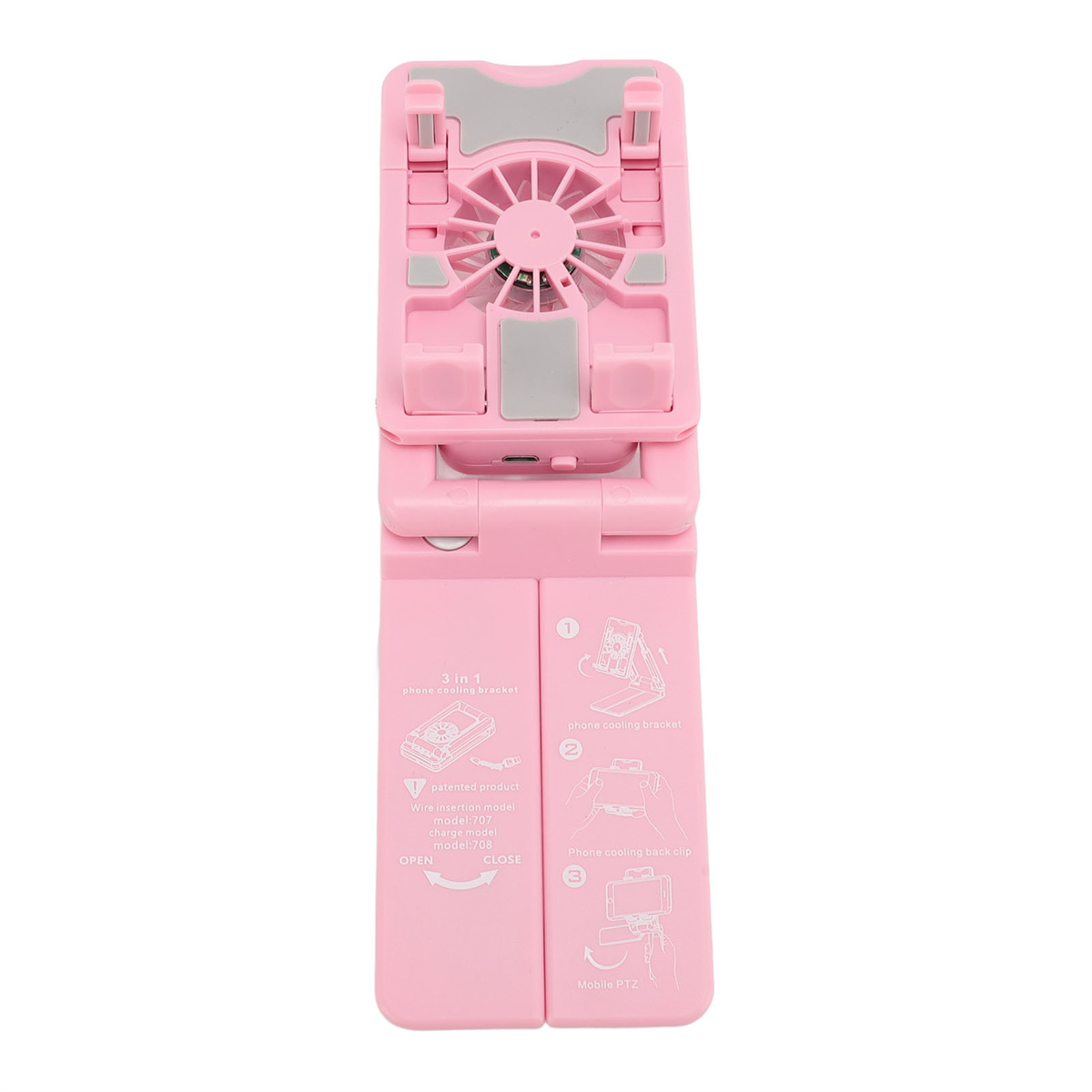 Ein rosa zusammenklappbarer Telefonkühler. Es zeigt Diagramme für den Betrieb einer Telefonkühlhalterung.