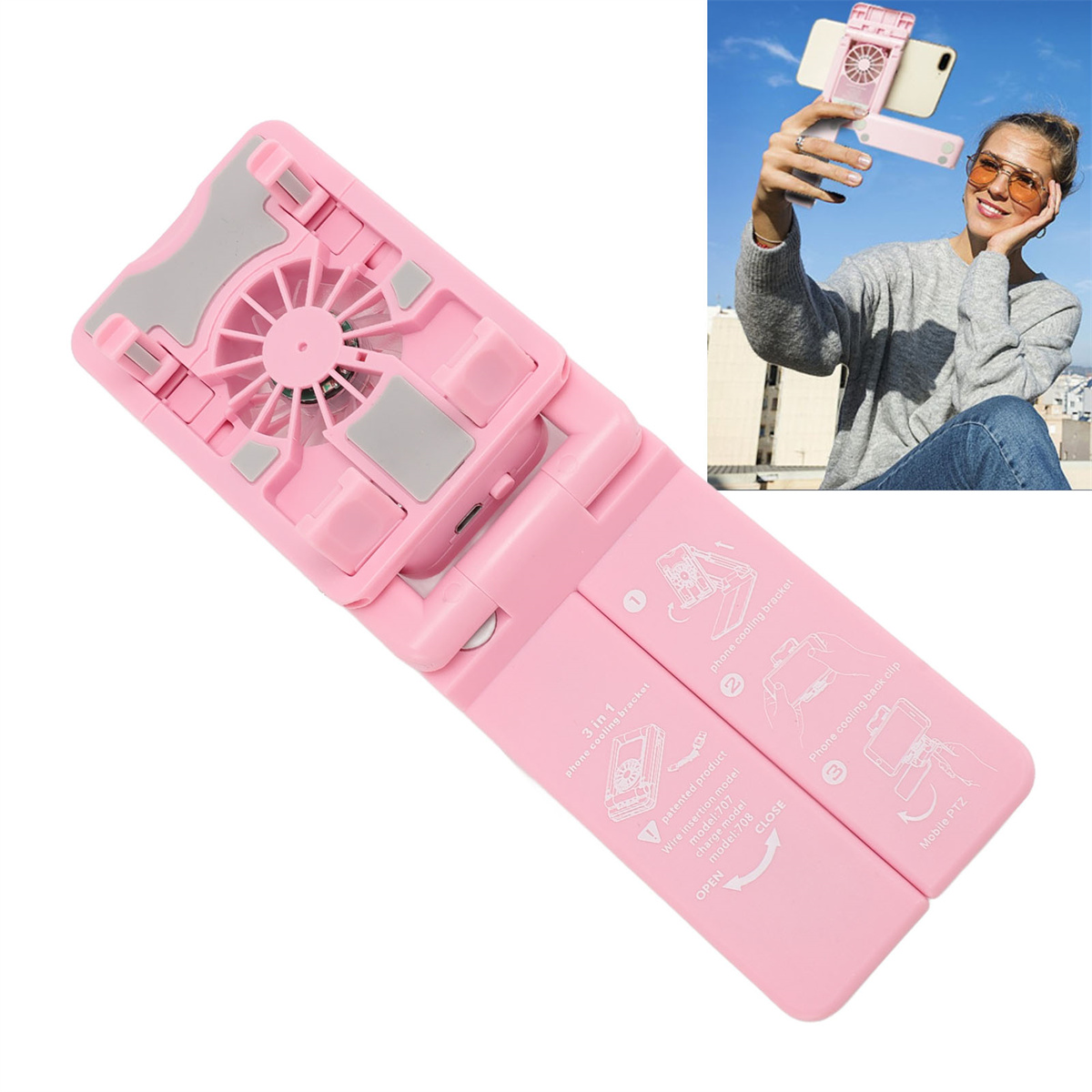 Rosa faltbarer Telefonhalter mit Ventilator und eine Frau, die ihn benutzt, um sich selbst mit einem Telefon zu filmen. Anweisungen sind darauf.