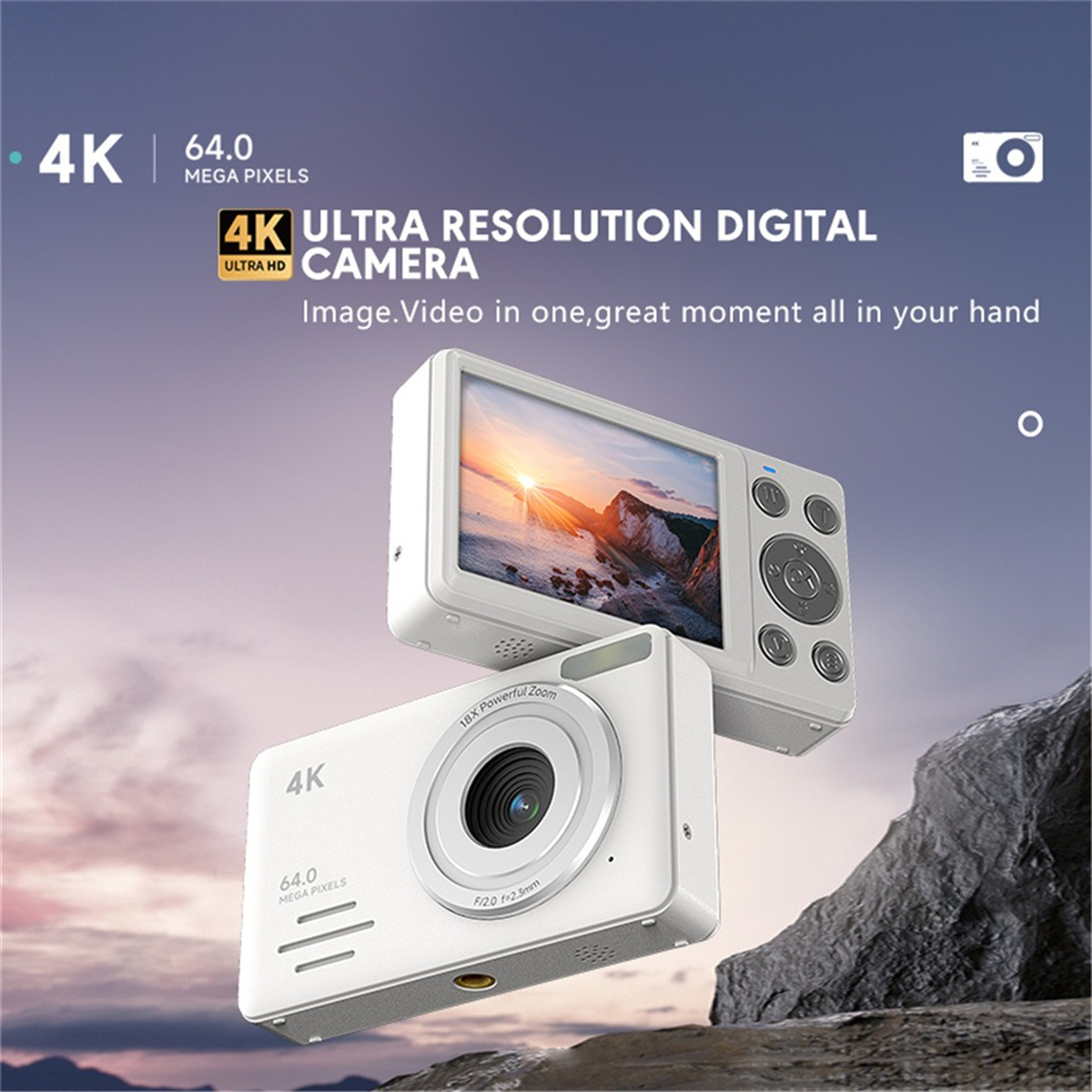 Zwei weiße Digitalkameras auf einem Felsen. Die Kameras haben eine 4K-Auflösung und viele Tasten. Der Hintergrund ist ein blauer Himmel.