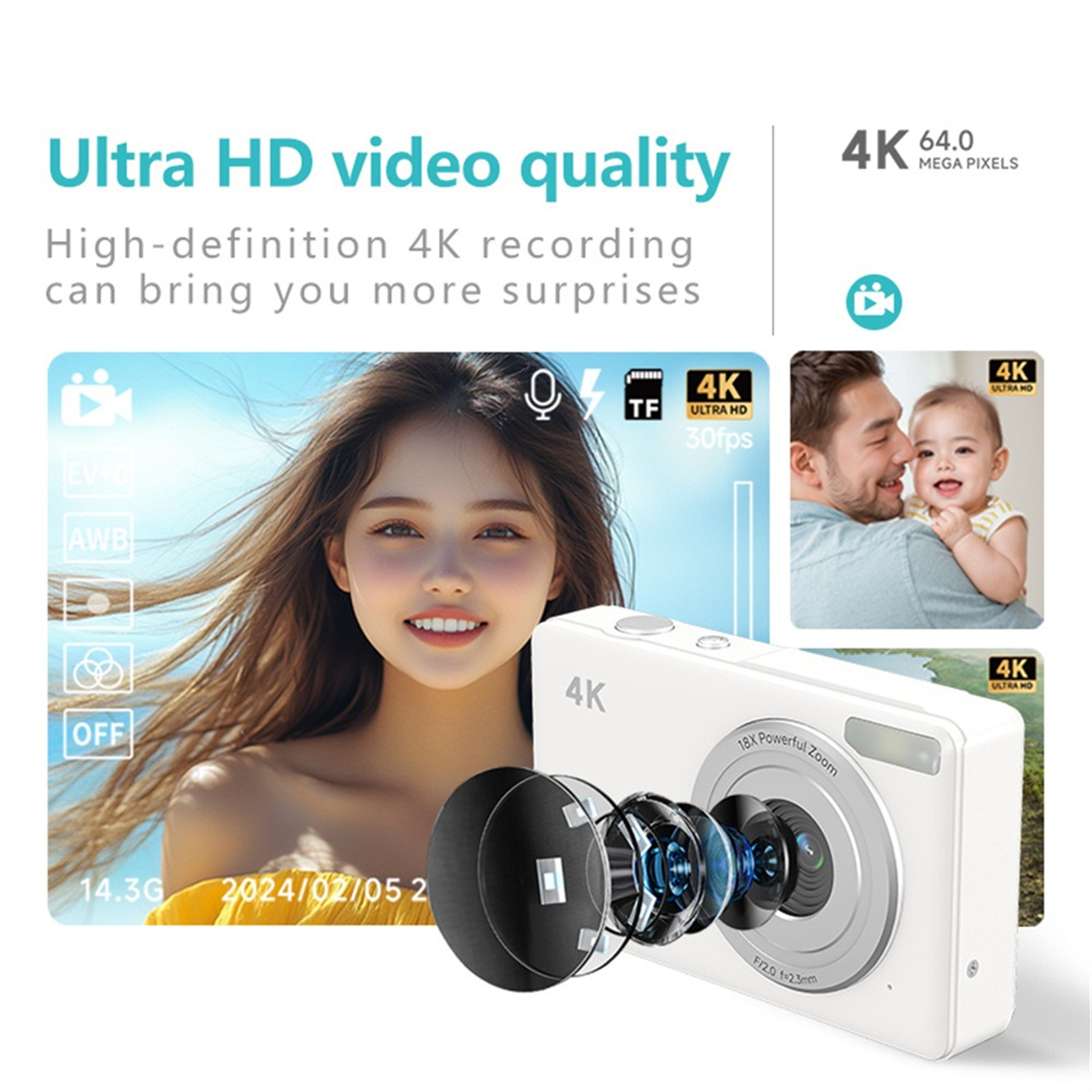 Eine weiße 4K-Kamera, die ihre Funktionen zeigt, mit einer Frau und einem Baby im Hintergrund.
