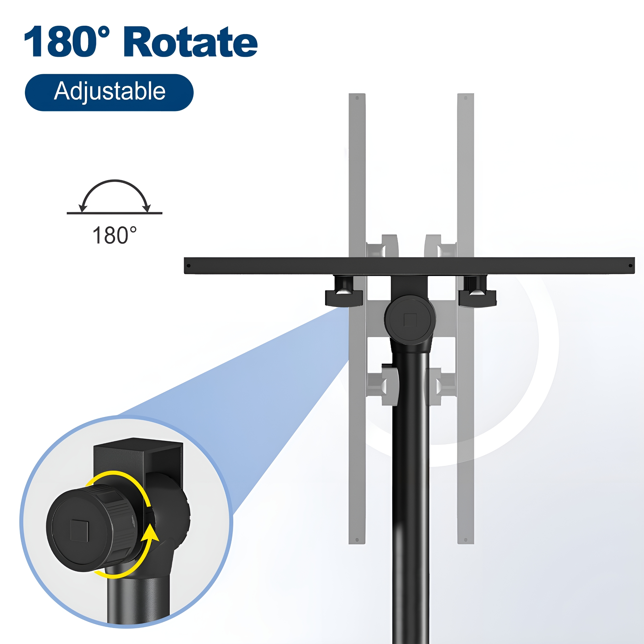 Schwarzer TV-Ständer-Mechanismus mit 180° Drehung. Nahaufnahme eines schwarzen Knopfes mit Pfeil.