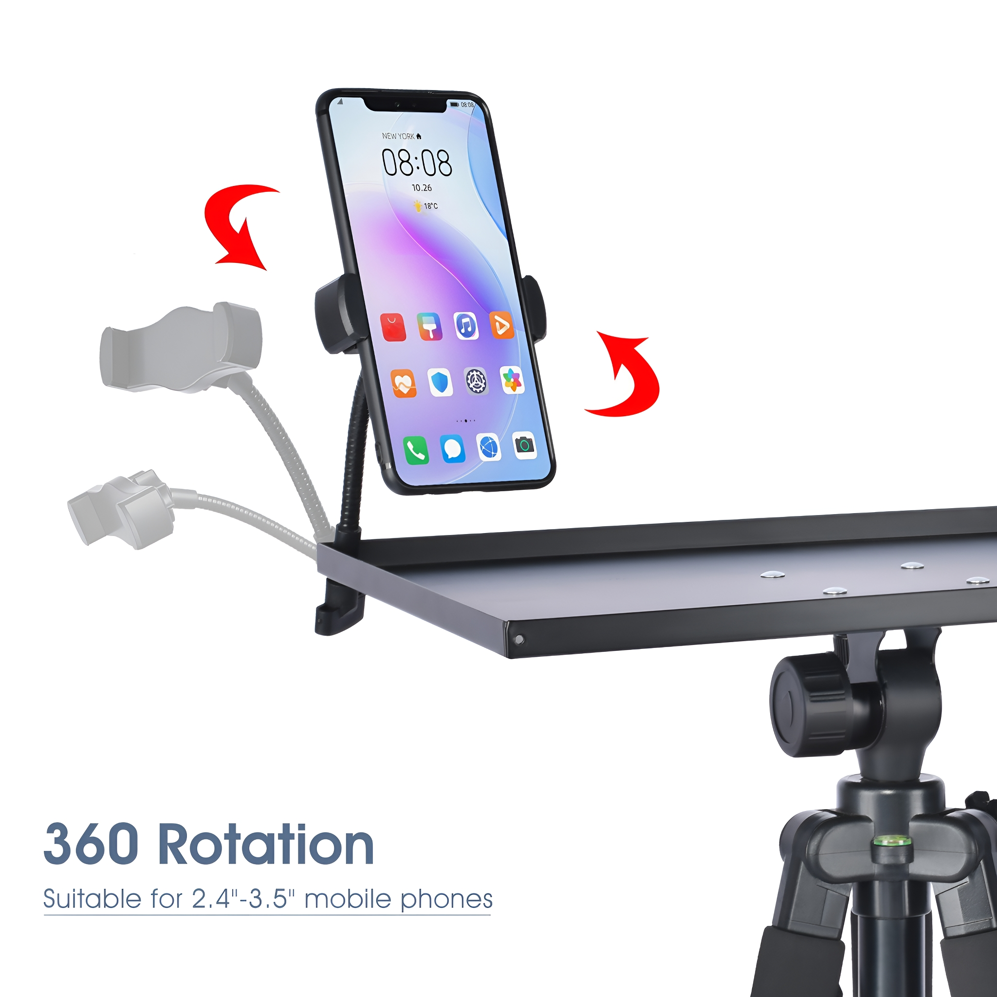 Ein Telefon auf einem Stativ, das Rotationspfeile und Text zur Telefonkompatibilität zeigt.