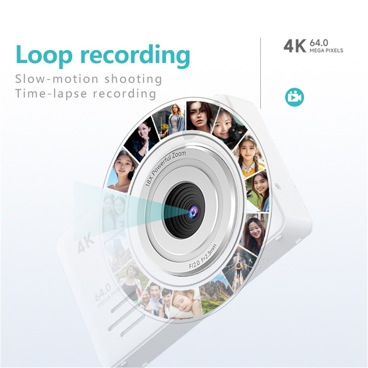 Weiße Kamera mit Objektiv, umgeben von Bildern von Menschen. Text 'Loop recording' und '4K'. Weißer Hintergrund.