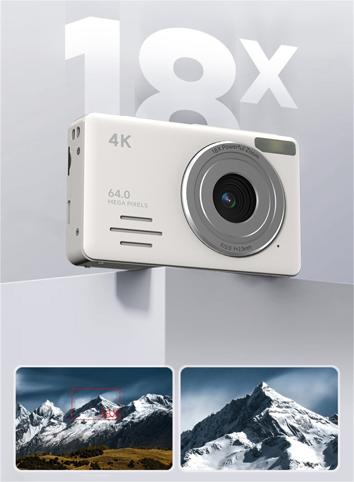 Weiße Kamera mit 4K und 64,0 MP auf weißem Hintergrund, zwei Bergansichten.