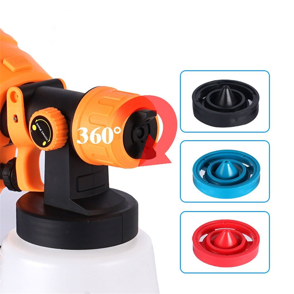 Orangener und schwarzer Farbsprüher mit austauschbaren Düsen. 360-Grad-Drehung.