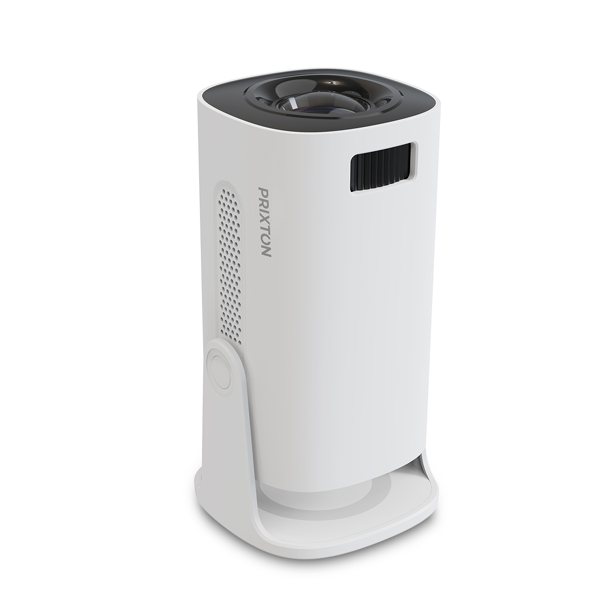 Biały projektor cylindryczny z czarnym blatem. Marka to Prixton. Ma otwór wentylacyjny z boku i podstawę.