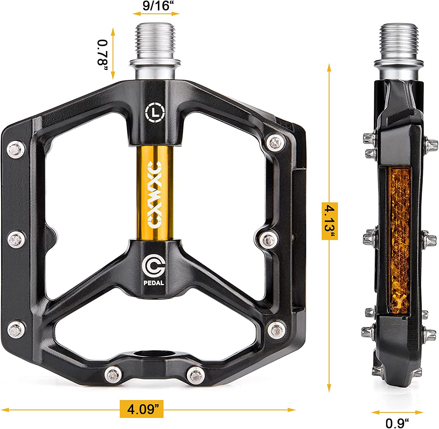 Schwarzes Fahrradpedal mit Maßen und 'CWXC PEDAL' Logo in Gold.