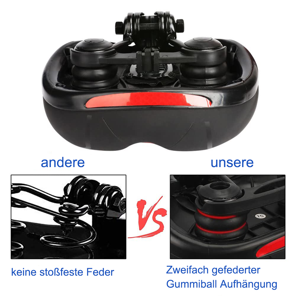 Fahrradsattel-Vergleich. Links: keine Feder. Rechts: Feder mit roter Polsterung, beschriftet 'unsere'.