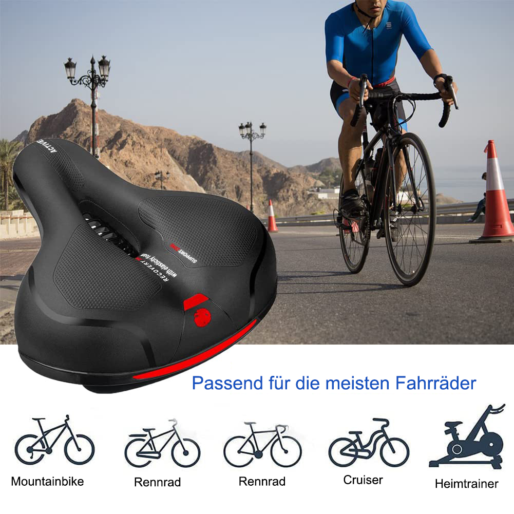 Schwarzer Fahrradsattel mit Radfahrer im Hintergrund und Fahrrad-Icons.