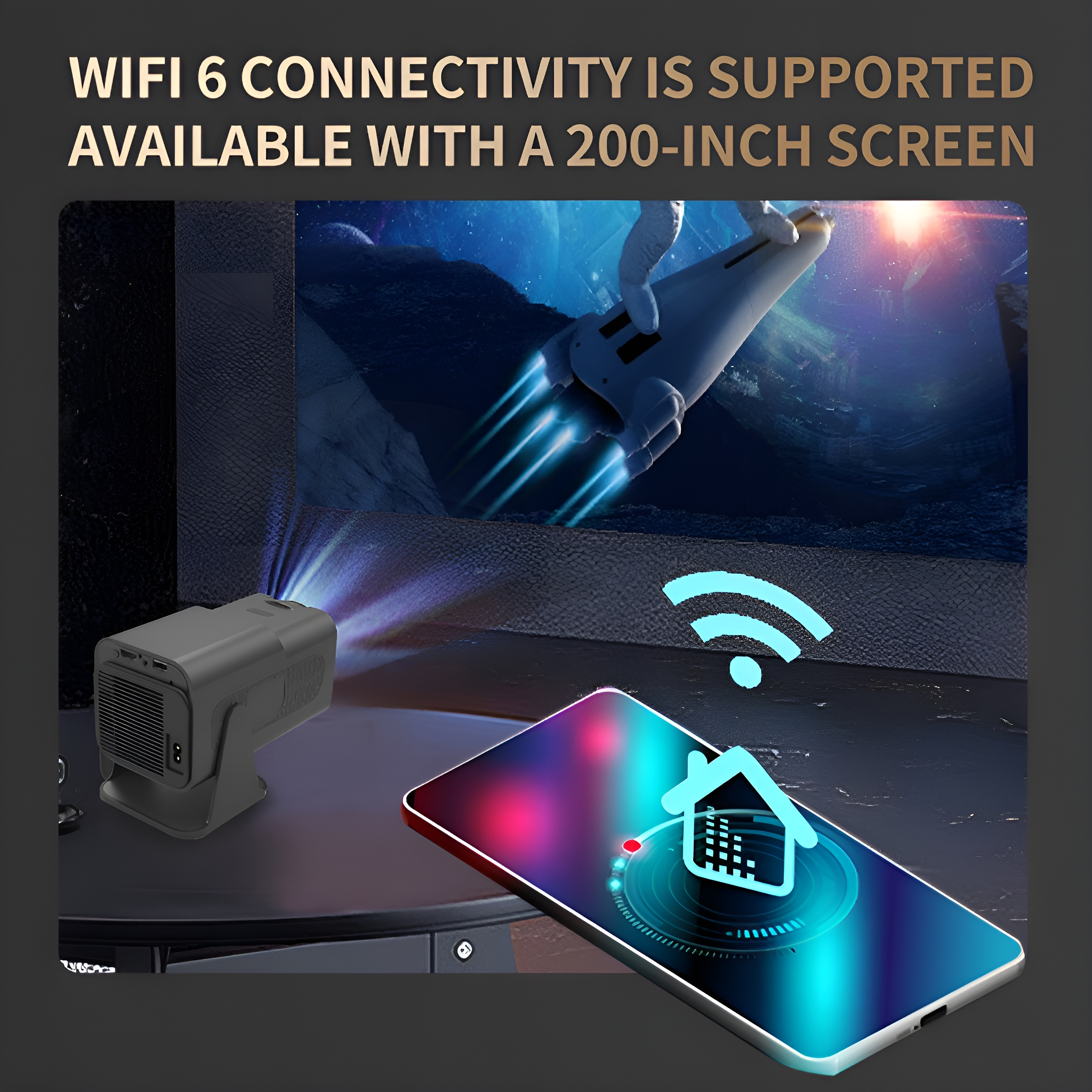 Das Bild zeigt einen Projektor, ein Smartphone mit WLAN-Symbol und eine Raketengrafik.