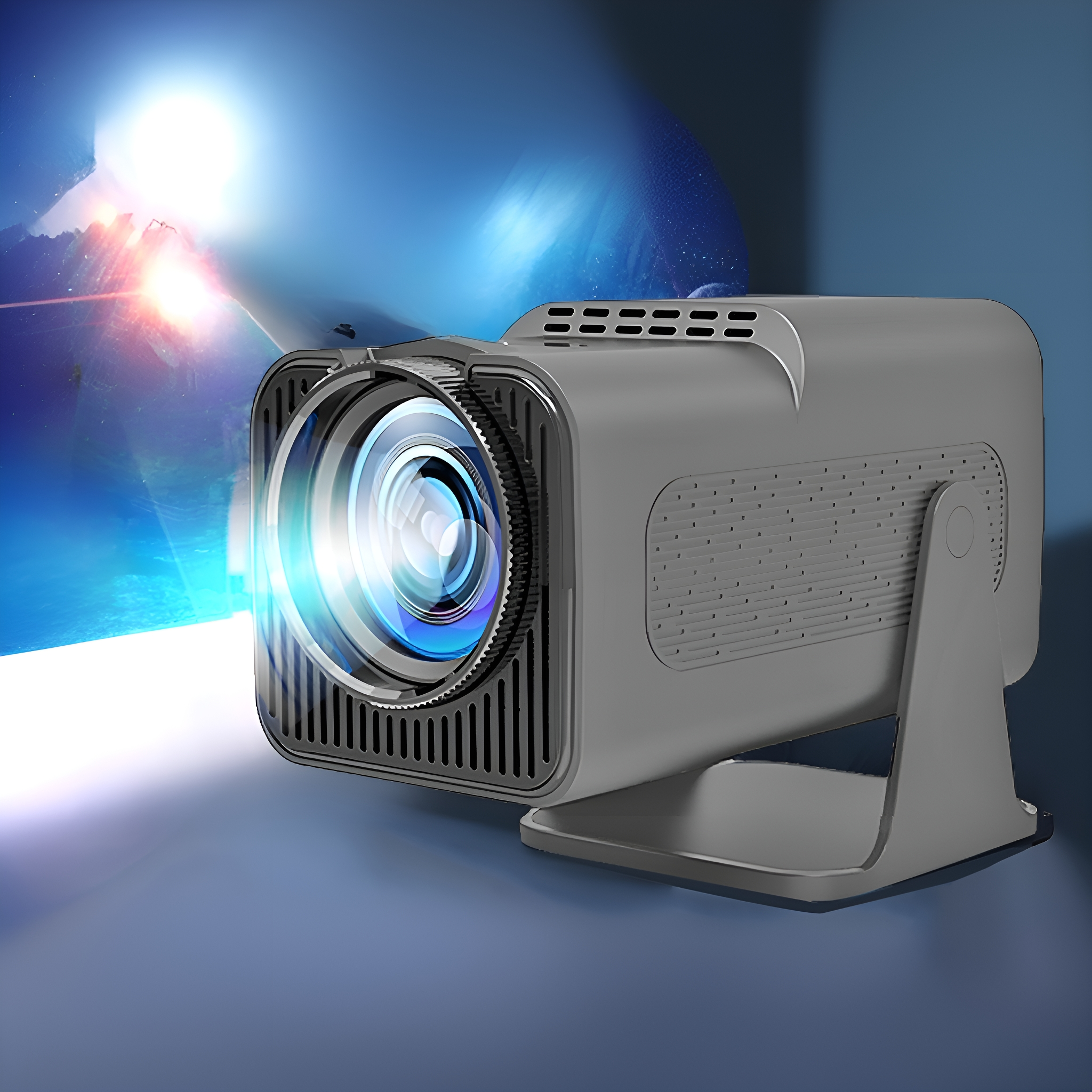Grauer Projektor, der ein helles Bild projiziert. Blauer Hintergrund mit Lichtstrahlen. Der Projektor steht.