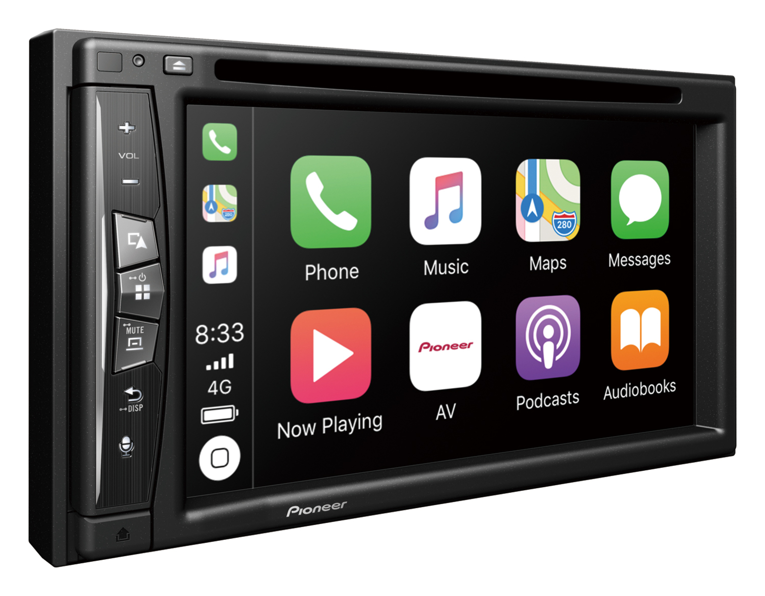 Autoradio mit Touchscreen, der App-Symbole anzeigt. Apps für Telefon, Musik, Karten usw.