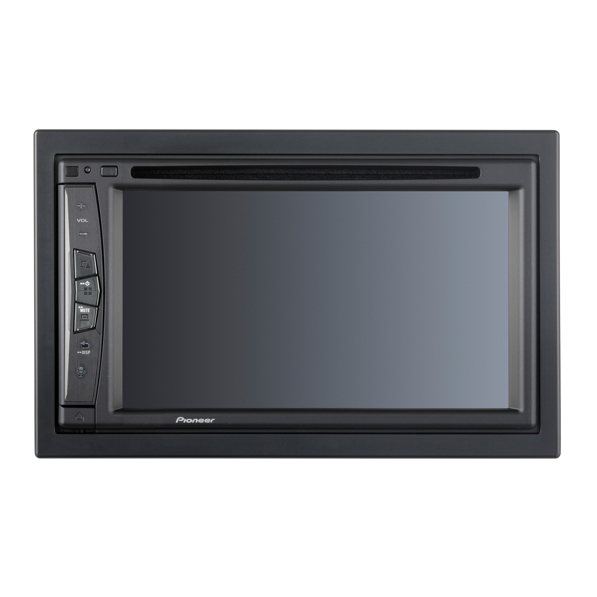 Schwarzes Pioneer-Autoradio mit großem Bildschirm, Knöpfen und Lautstärkeregler. Dunkelgraue Farbe.