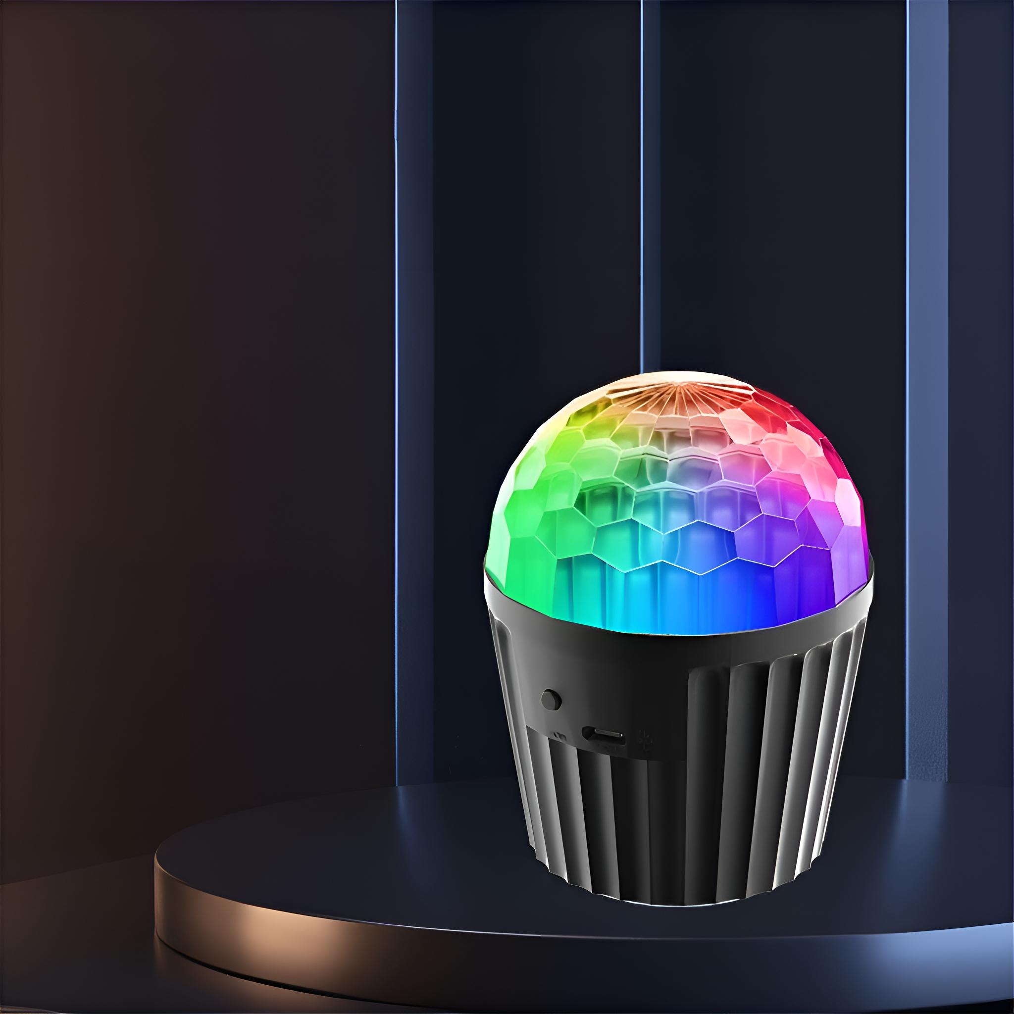 Diskokugel-Lautsprecher mit bunten Lichtmustern, in Schwarz. Schwarzes Podest im Hintergrund.