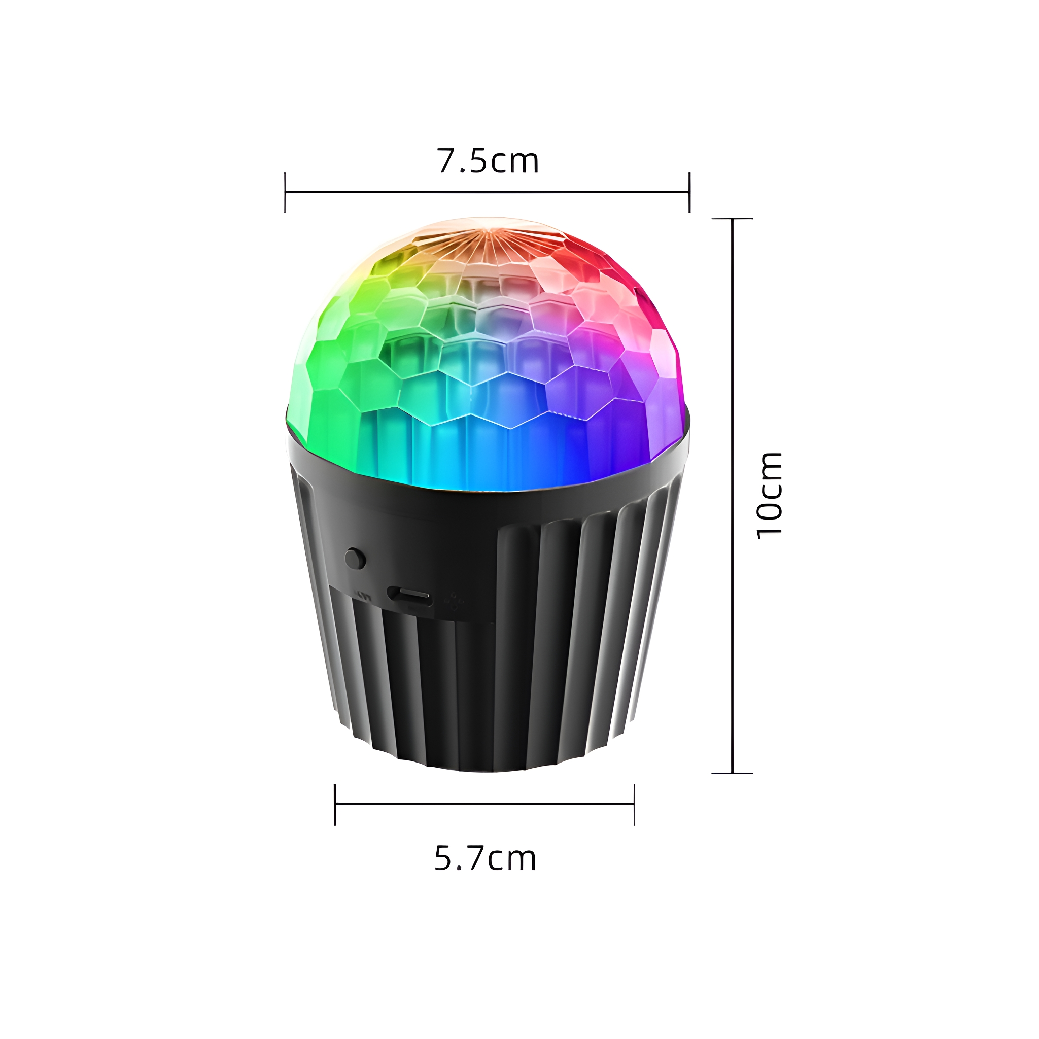Ein schwarzer Discokugel-Lautsprecher. Es hat eine Cupcake-Form mit Farbabmessungen. Ein schwarzer Hintergrund.