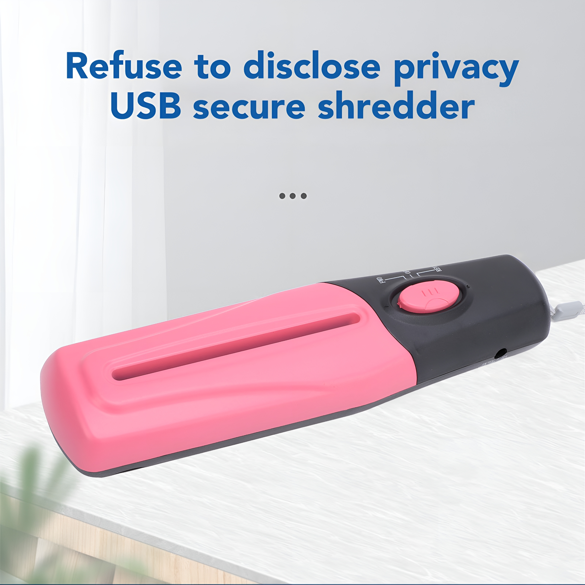 Ein pinker und grauer USB-Aktenvernichter. Der Text auf dem Bild lautet: Weigern Sie sich, die Privatsphäre preiszugeben.