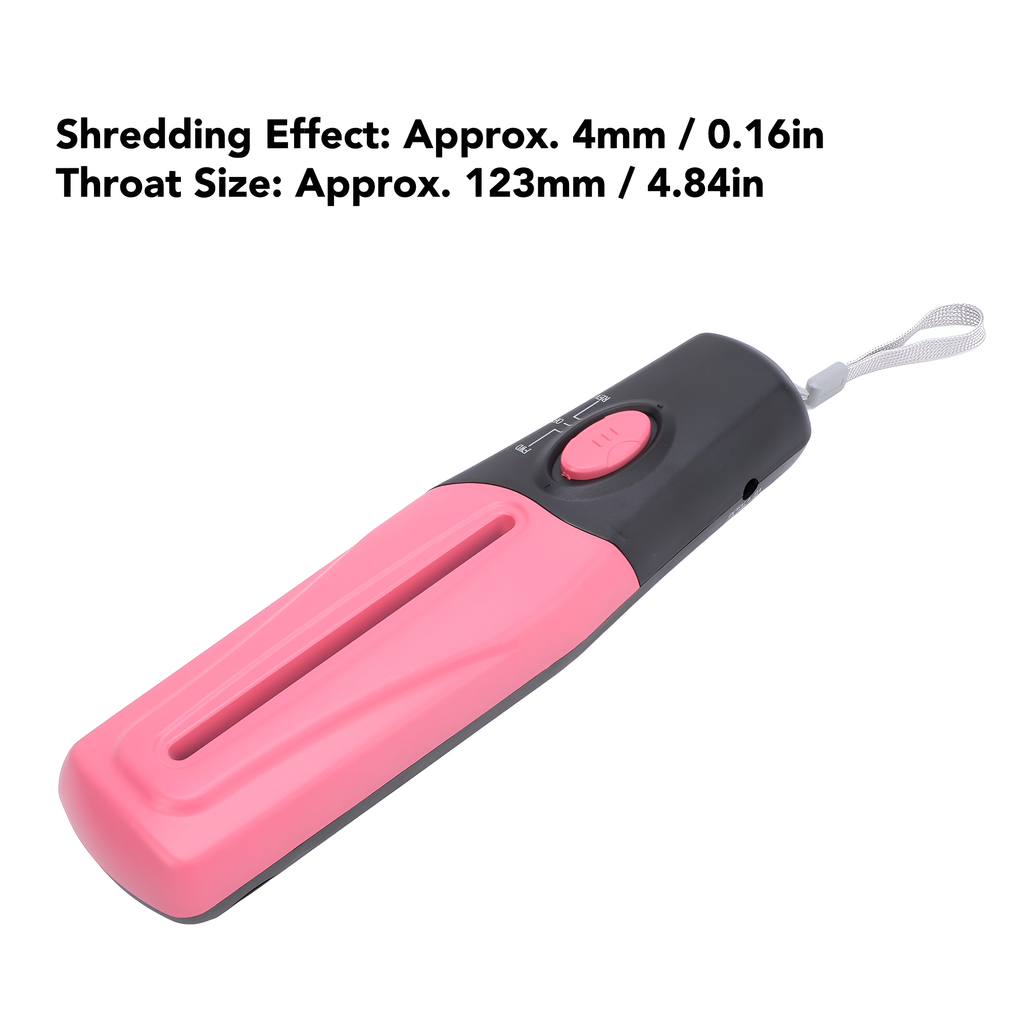 Rosa und schwarzer Aktenvernichter mit einem rosa Schlitz und einem Ein-/Ausschalter.
