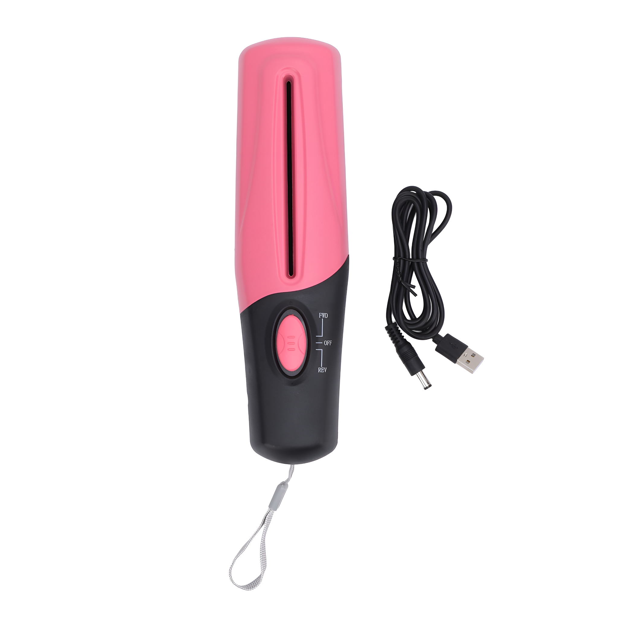 Ein pink-schwarzer Haartrimmer mit Ladekabel wird gezeigt.