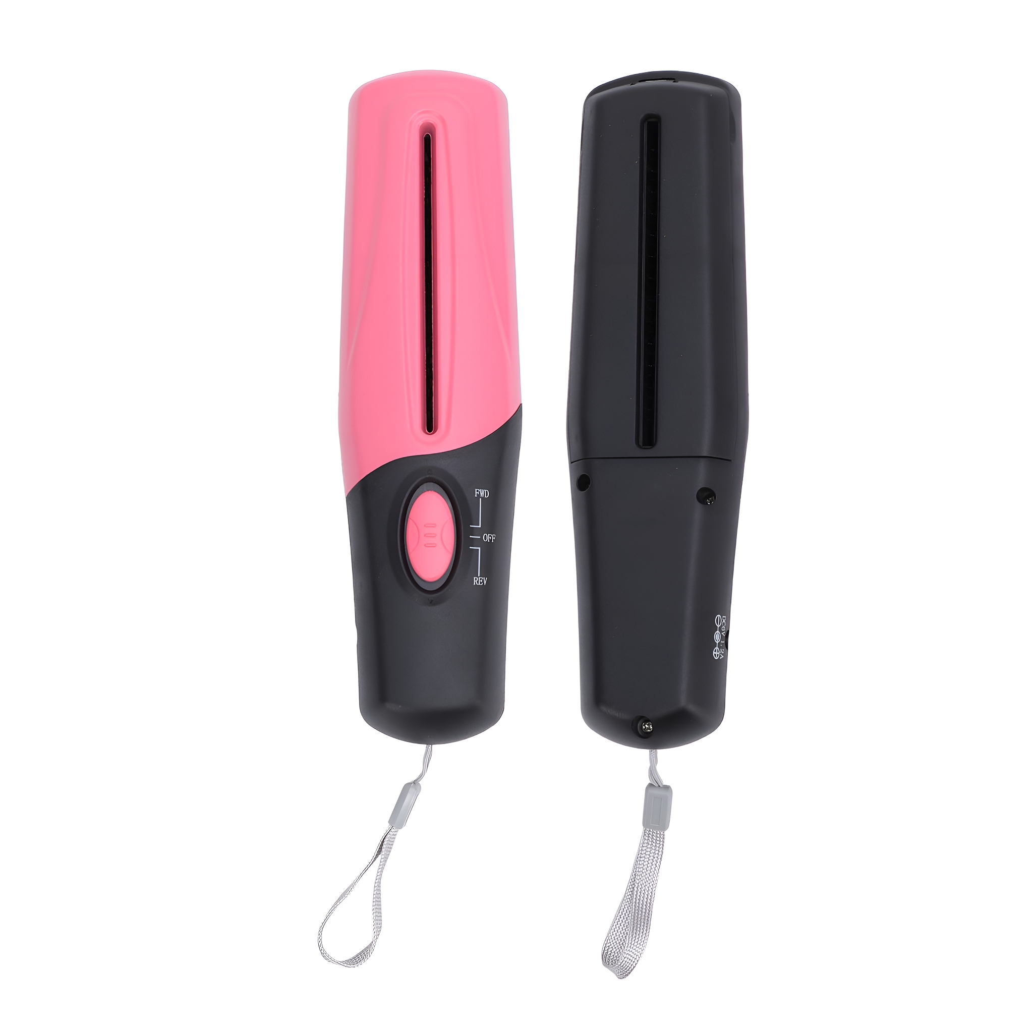 Zwei rosa und schwarze Aktenvernichter, nebeneinander. Einer hat einen rosa Deckel, der andere einen schwarzen Deckel.