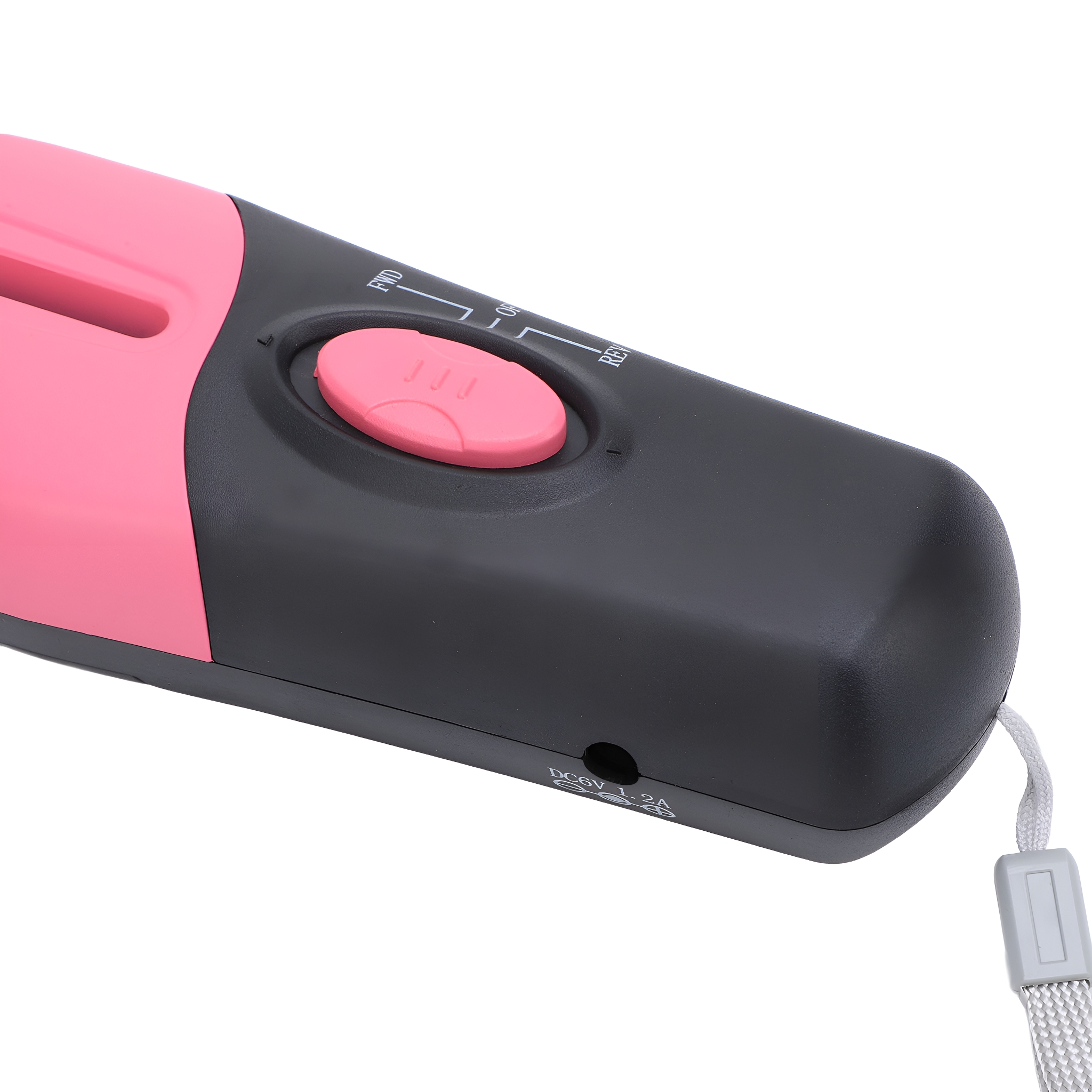 Rosa-schwarzes Handmassagegerät mit Knöpfen und einem Kabel. Das Massagegerät hat eine rosa Taste.
