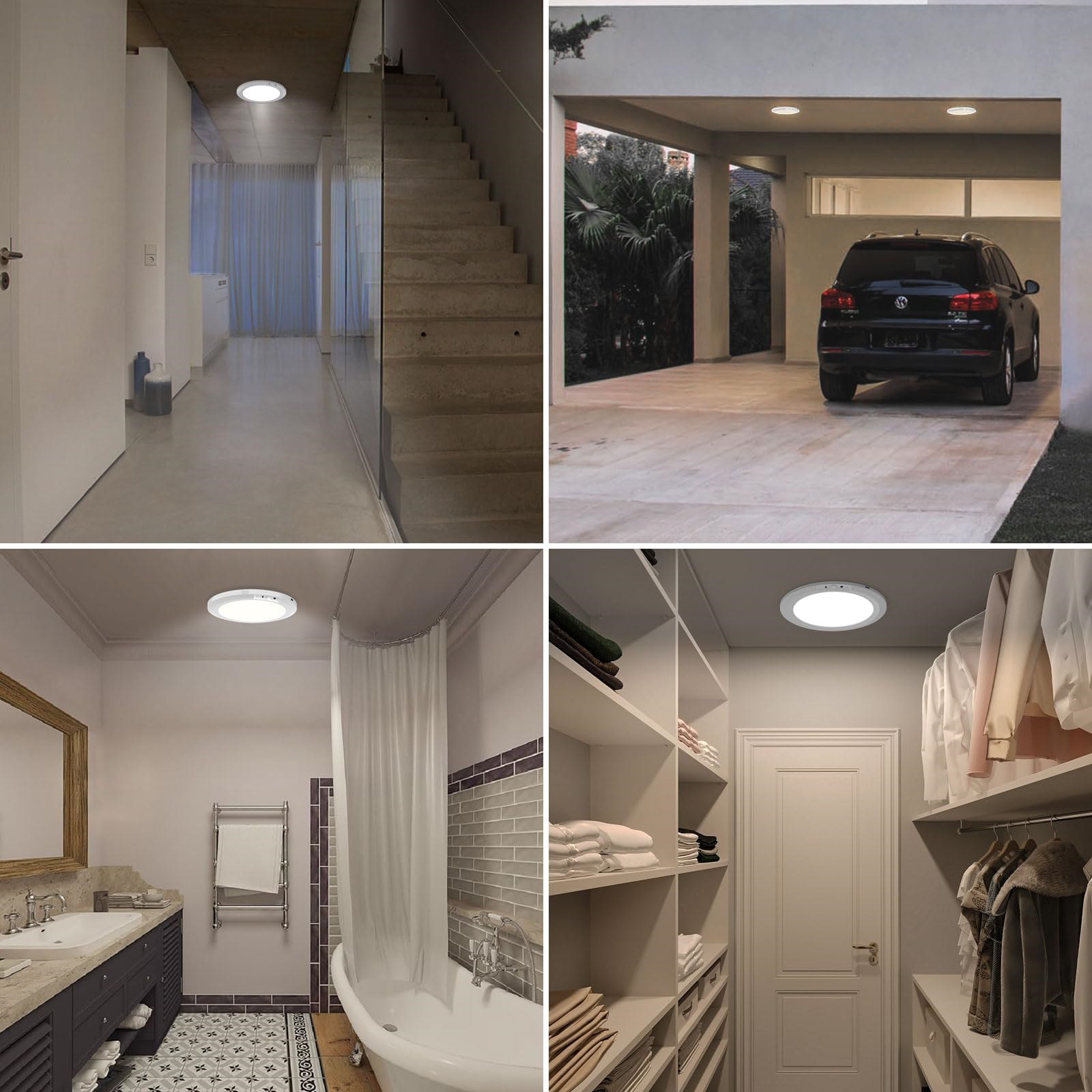 Vier Bilder zeigen eine runde Deckenleuchte in verschiedenen Räumen: Flur, Garage, Bad und Schrank.