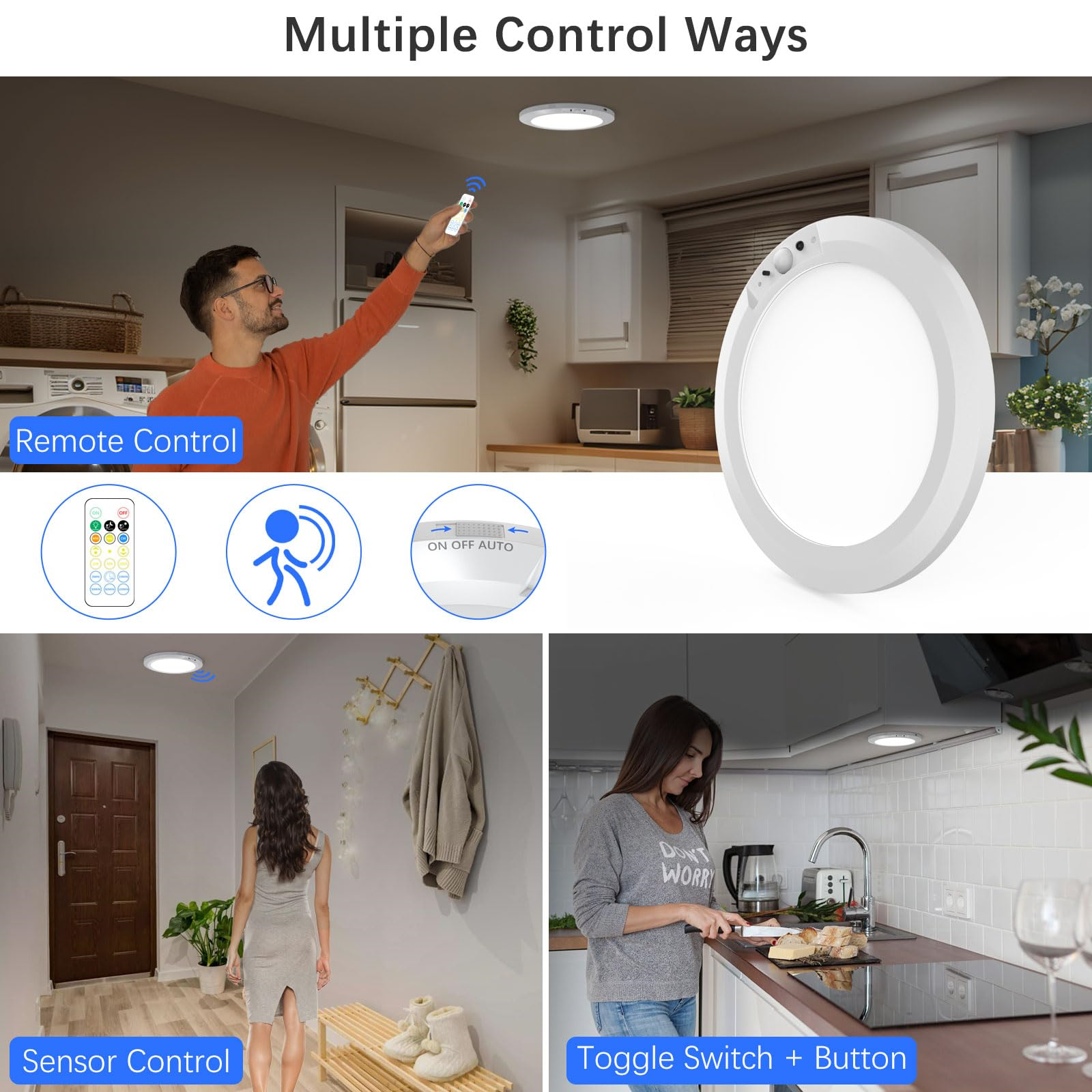 Eine weiße Deckenleuchte wird gezeigt, mit verschiedenen Steuerungsmethoden: Fernbedienung, Sensor und Kippschalter mit Taste.