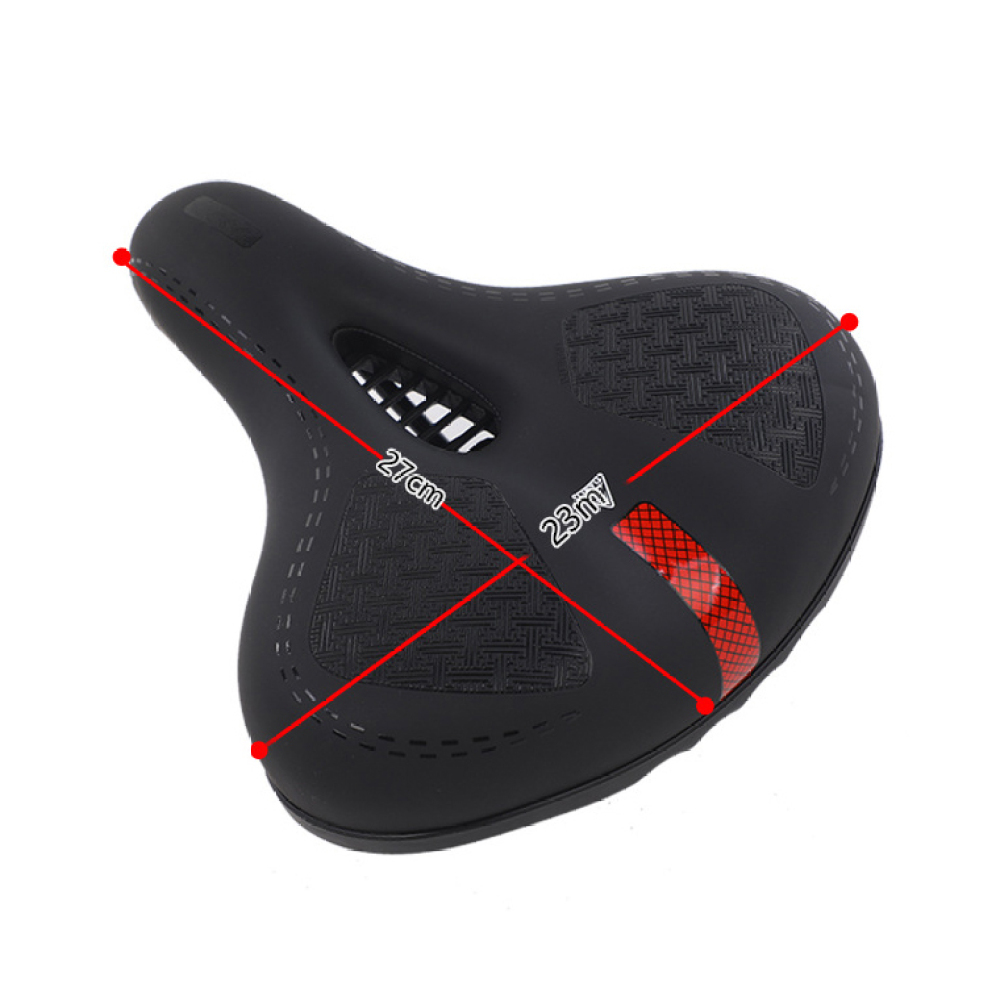 Schwarzer Fahrradsattel mit rot markierten Abmessungen vor weißem Hintergrund.