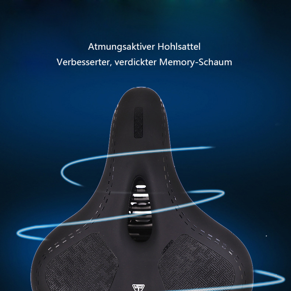 Schwarzer Fahrradsattel mit blauen Wirbellinien vor blauem Hintergrund, Text oben.