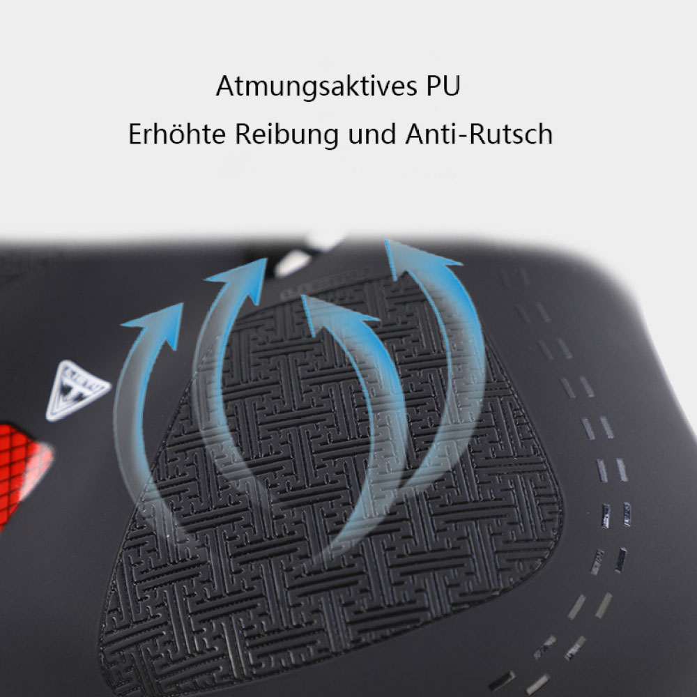 Strukturierte schwarze Oberfläche mit blauen Pfeilen. Text: atmungsaktives PU, erhöhte Reibung und Anti-Rutsch.