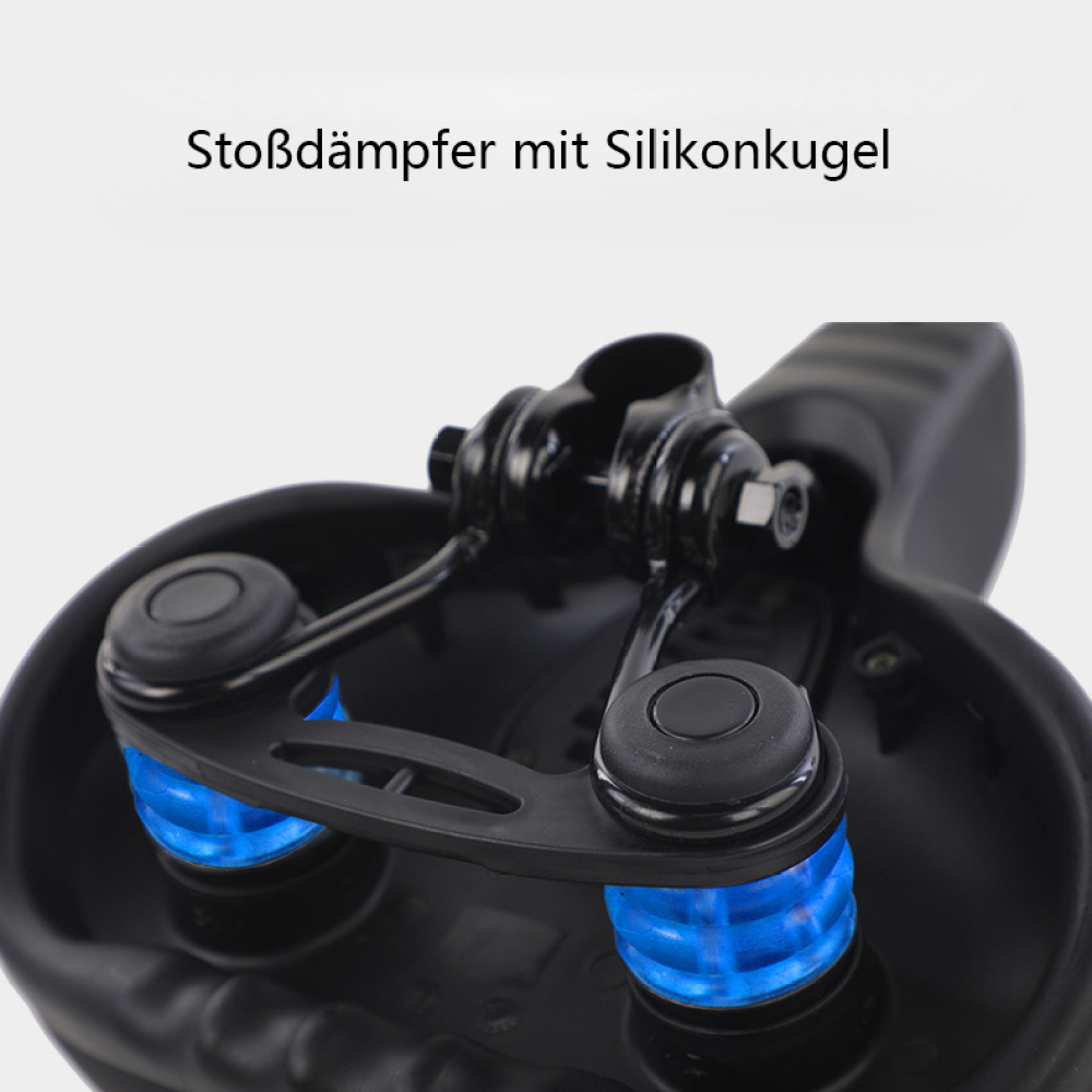 Schwarzer Fahrradsattel mit blauen Stoßdämpfern, Nahaufnahme der Sattelkomponenten.