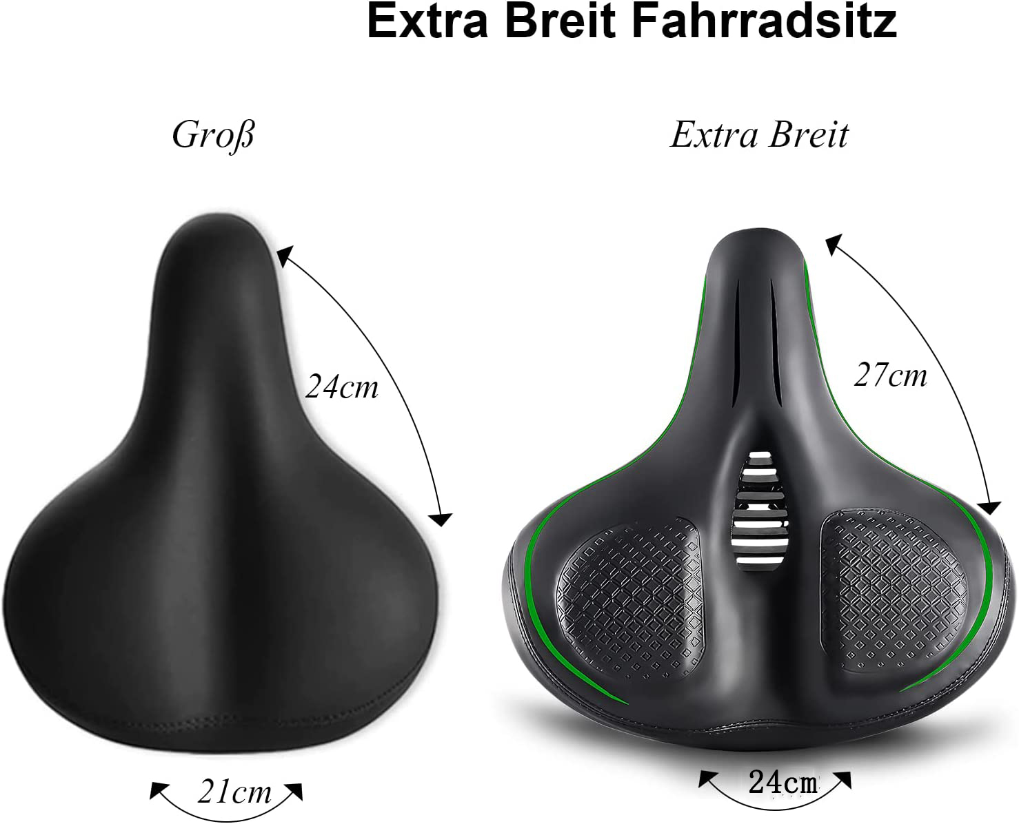 Zwei schwarze Fahrradsättel nebeneinander, einer groß, einer extra breit, mit angegebenen Maßen.