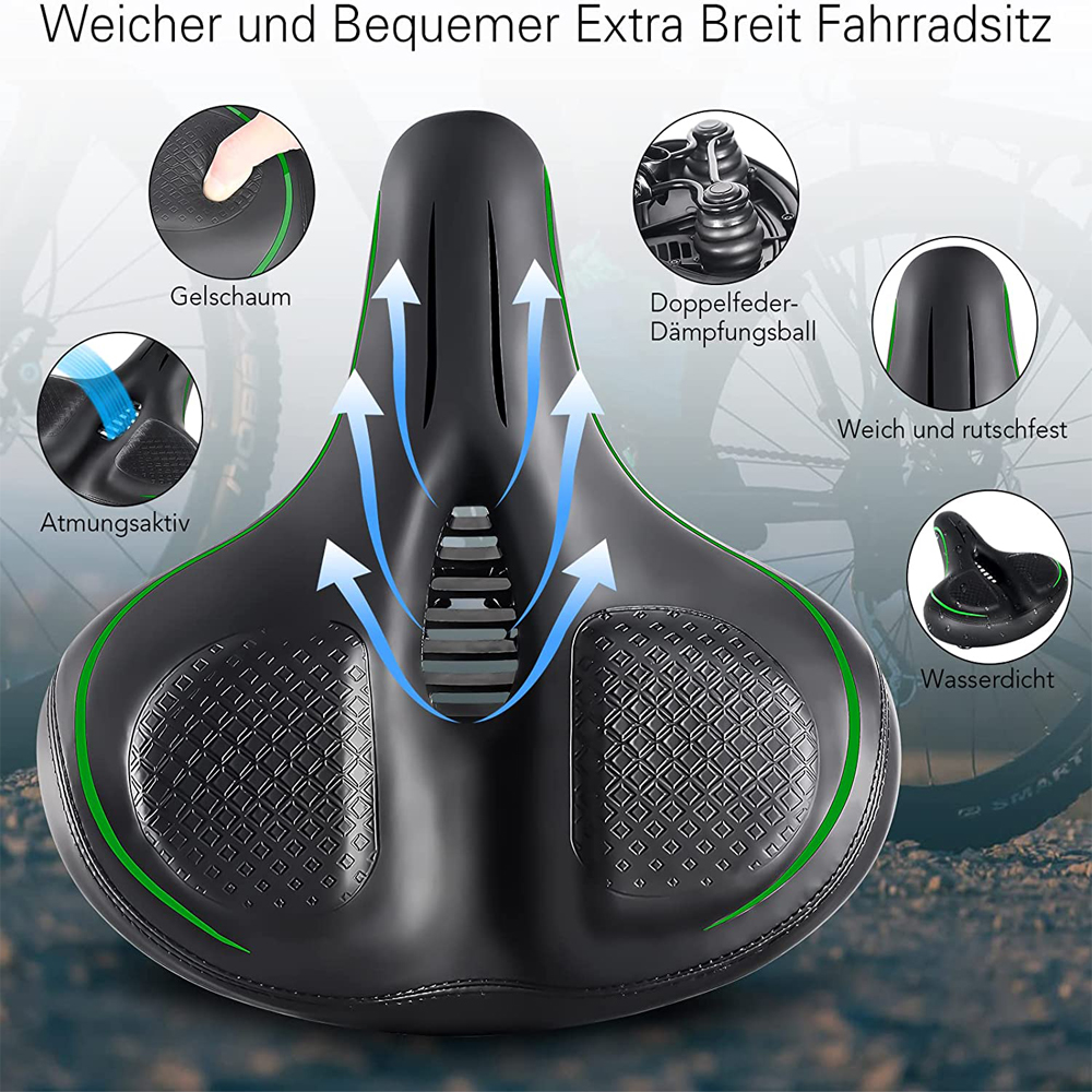 Schwarzer Fahrradsitz mit grünen Akzenten und mehreren Diagrammen.