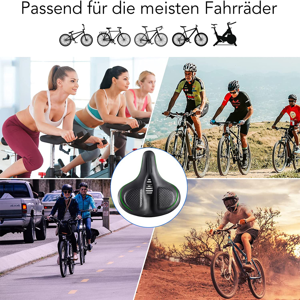Fahrradsitz mit mehreren Bildern von Radfahrern auf verschiedenen Fahrrädern und in verschiedenen Geländen; Collage.